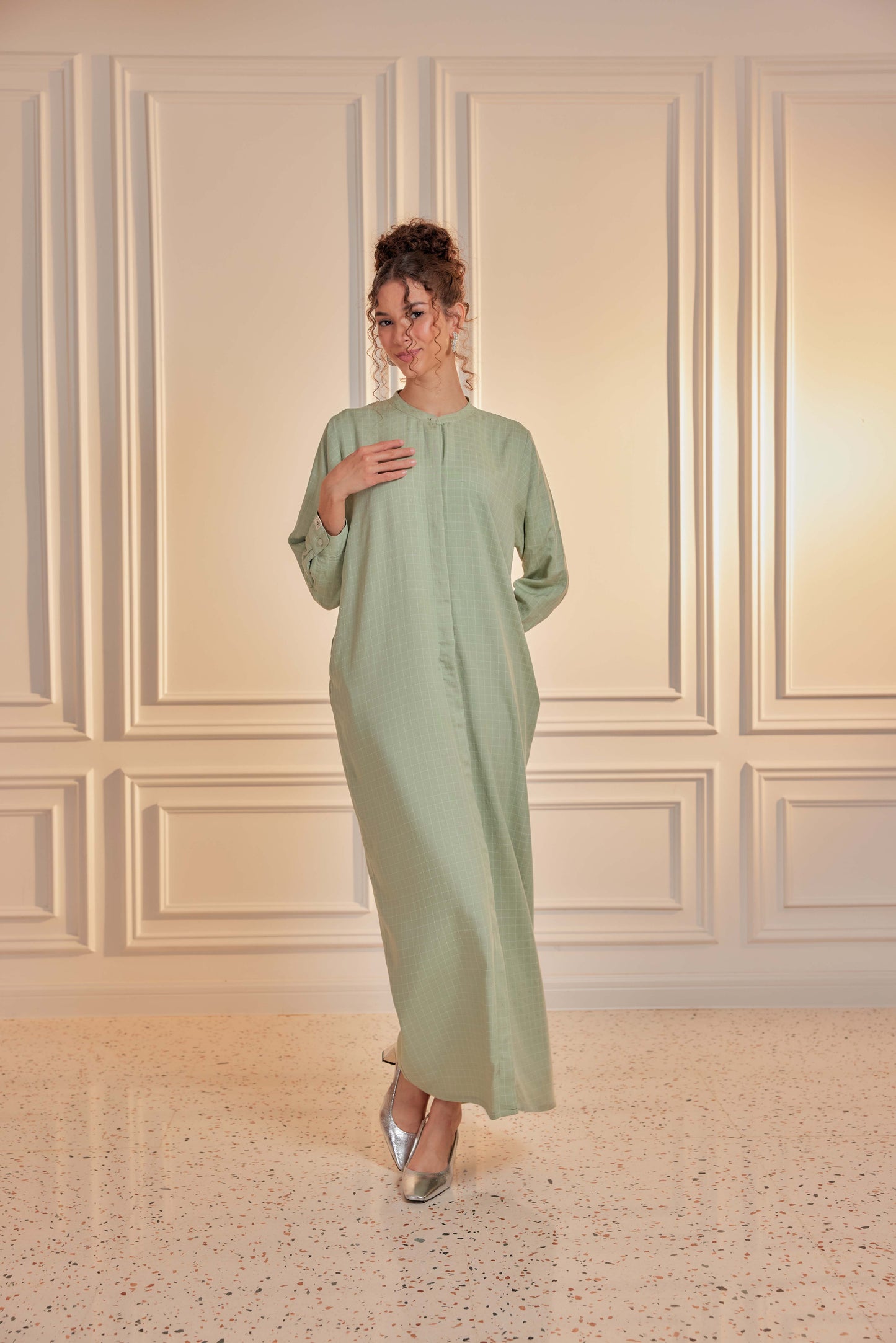 100% Cotton Grid Shirt Dress - Sage Green