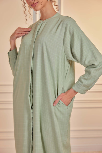 100% Cotton Grid Shirt Dress - Sage Green