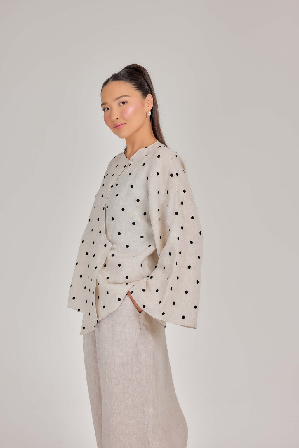 The Embroidered Polka Dot Pure Linen Wrap Top in Oatmeal & Onyx