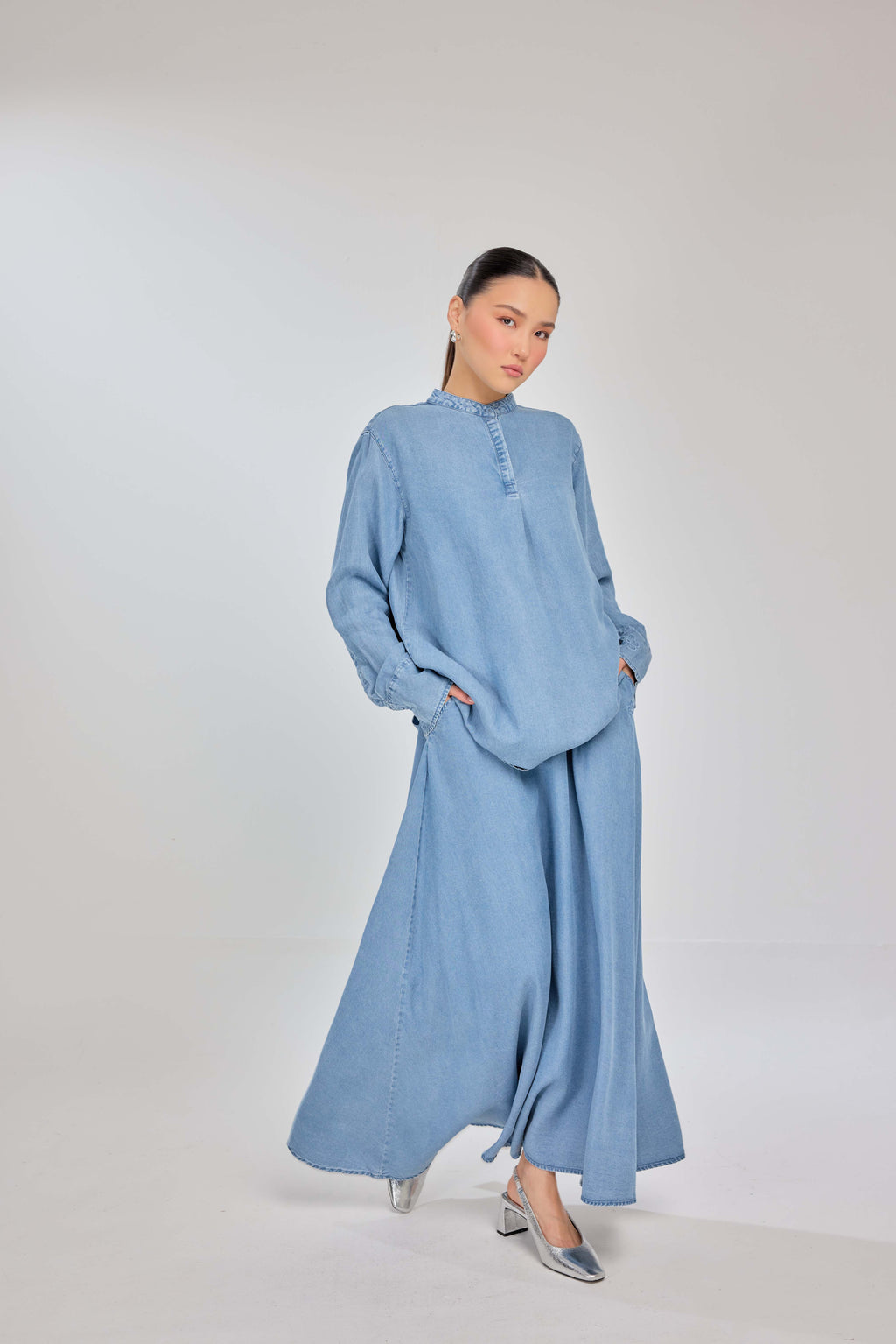 02 - Classic - Classic Fit 100% Lyocell Denim Shirt with A-line Skirt
