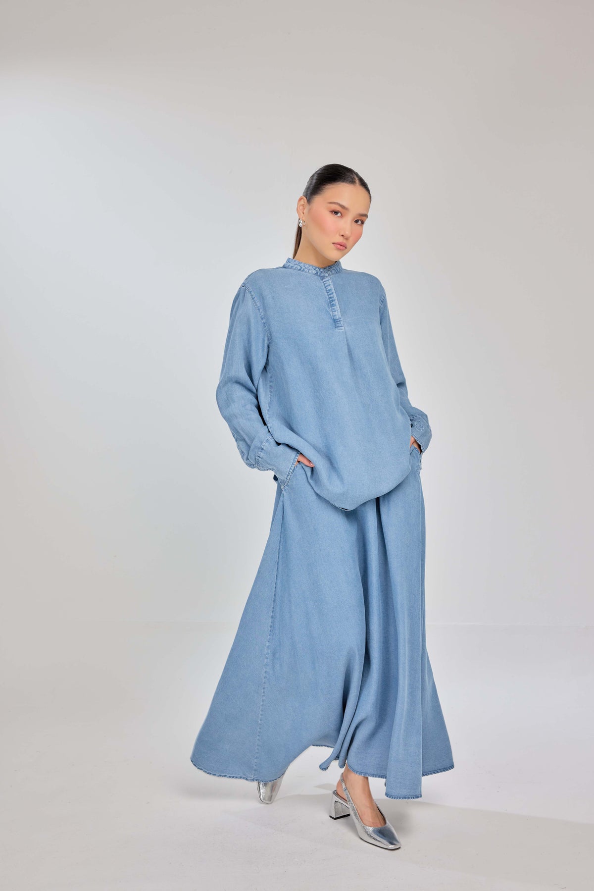 02 - Classic - Classic Fit 100% Lyocell Denim Shirt with A-line Skirt