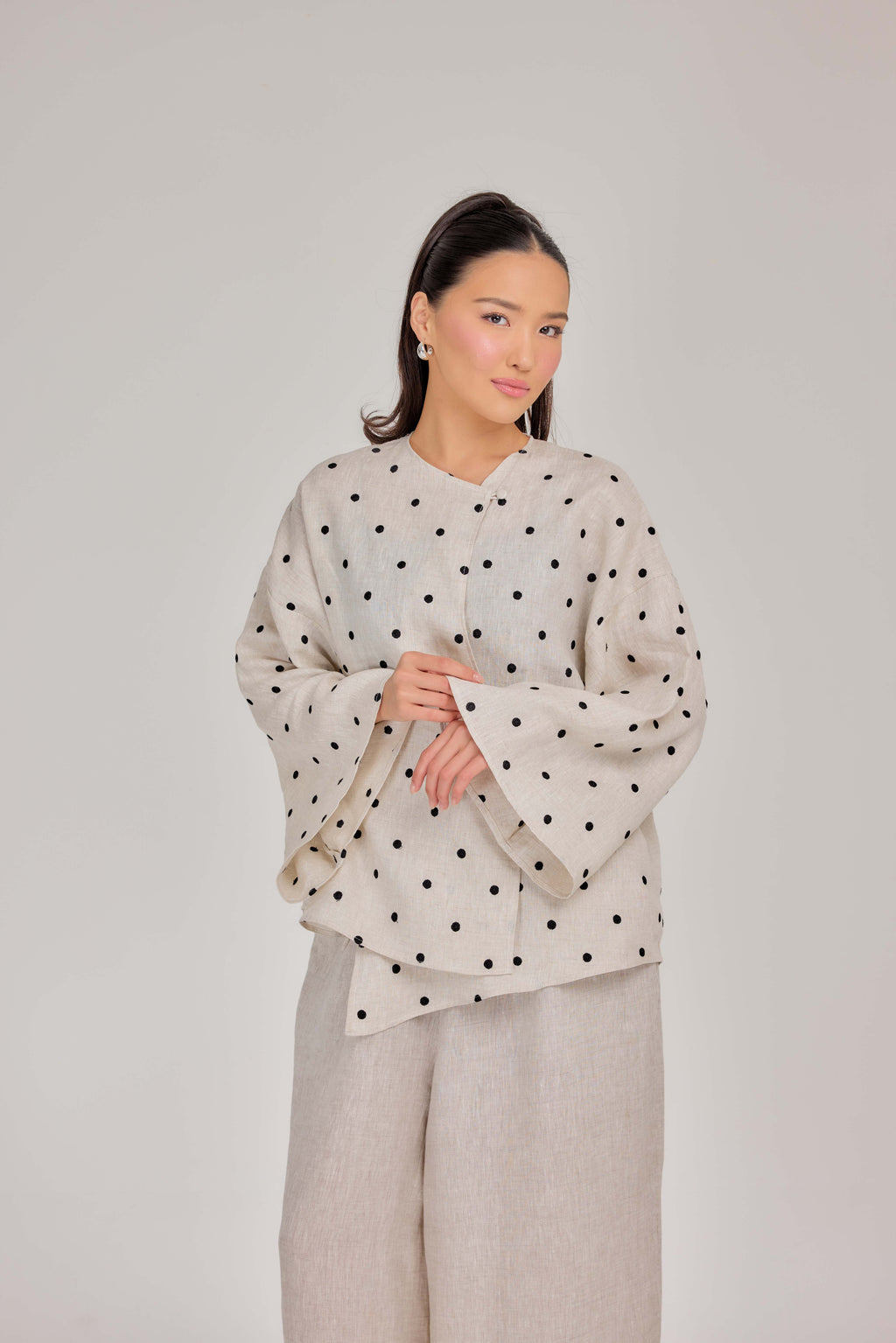 The Embroidered Polka Dot Pure Linen Wrap Top in Oatmeal & Onyx
