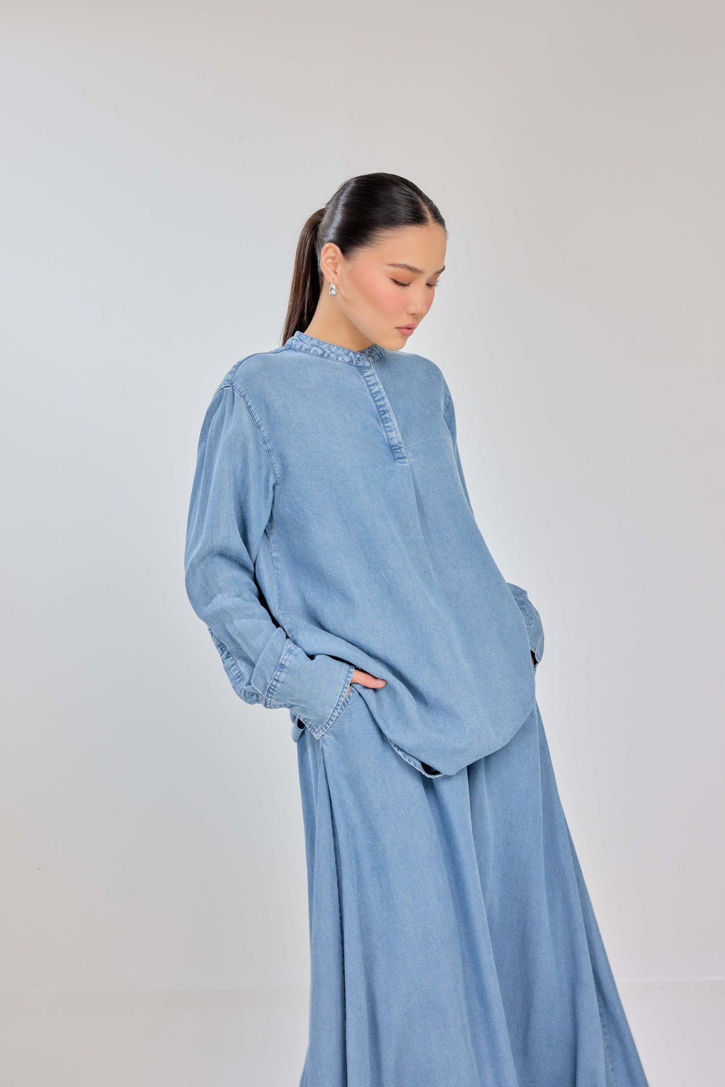02 - Classic - Classic Fit 100% Lyocell Denim Shirt with A-line Skirt