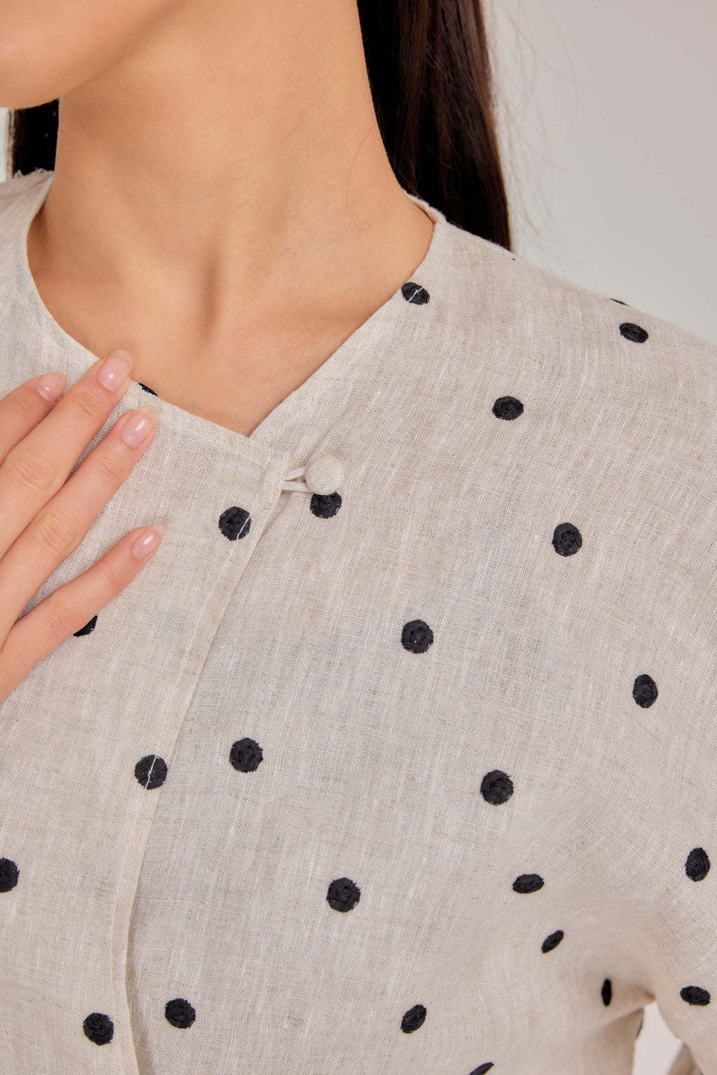 The Embroidered Polka Dot Pure Linen Wrap Top in Oatmeal & Onyx