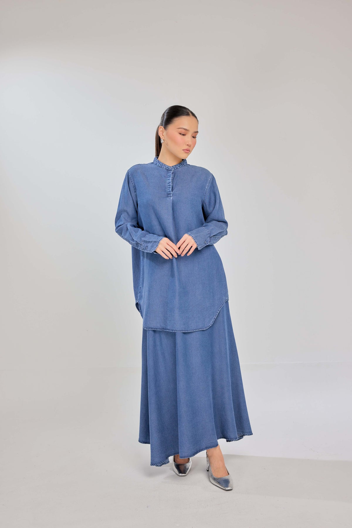 01 - Vintage - Classic Fit 100% Lyocell Denim Shirt with A-line Skirt