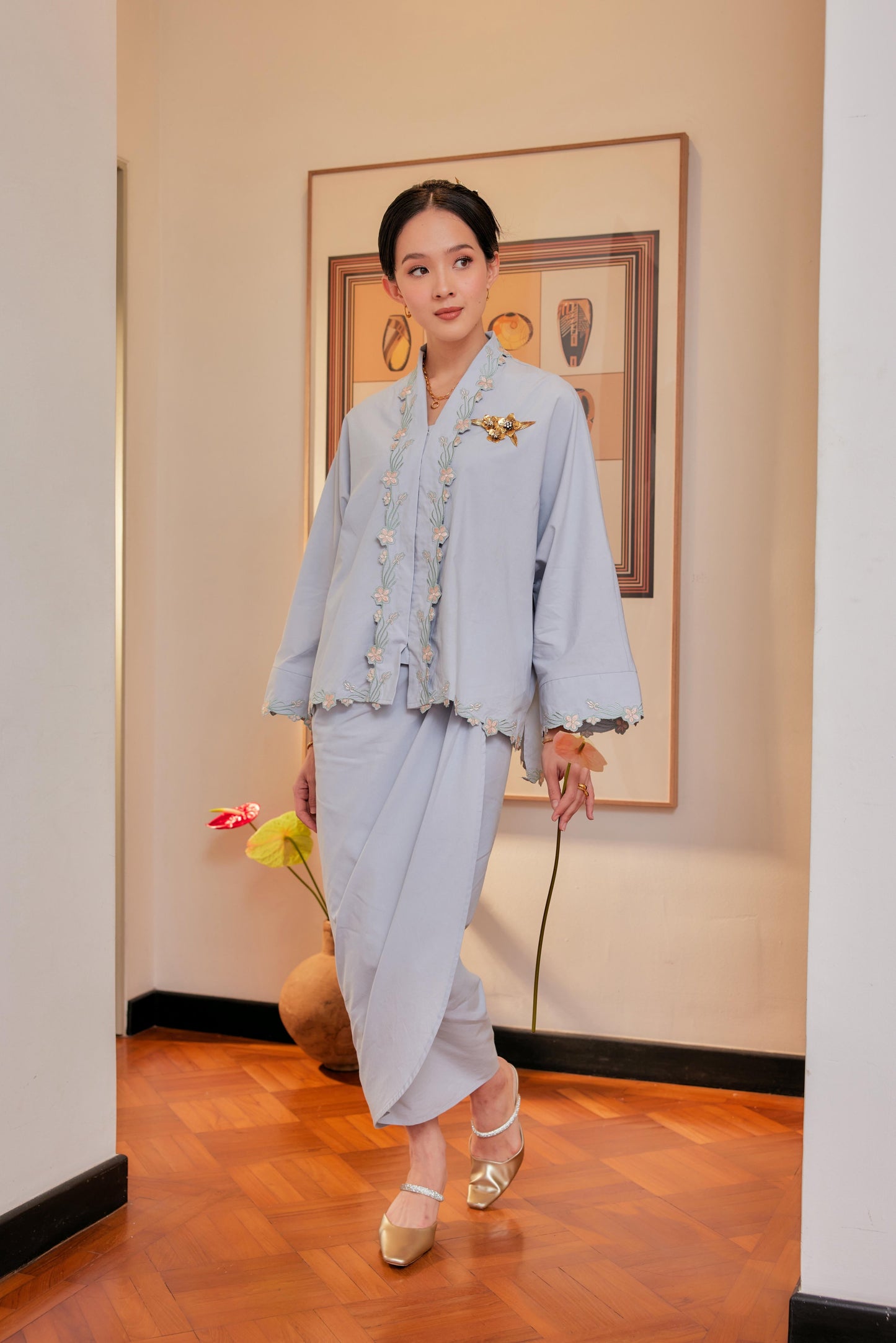 Awan Biru - Indah Melur Sulam Kebaya Cotton Set