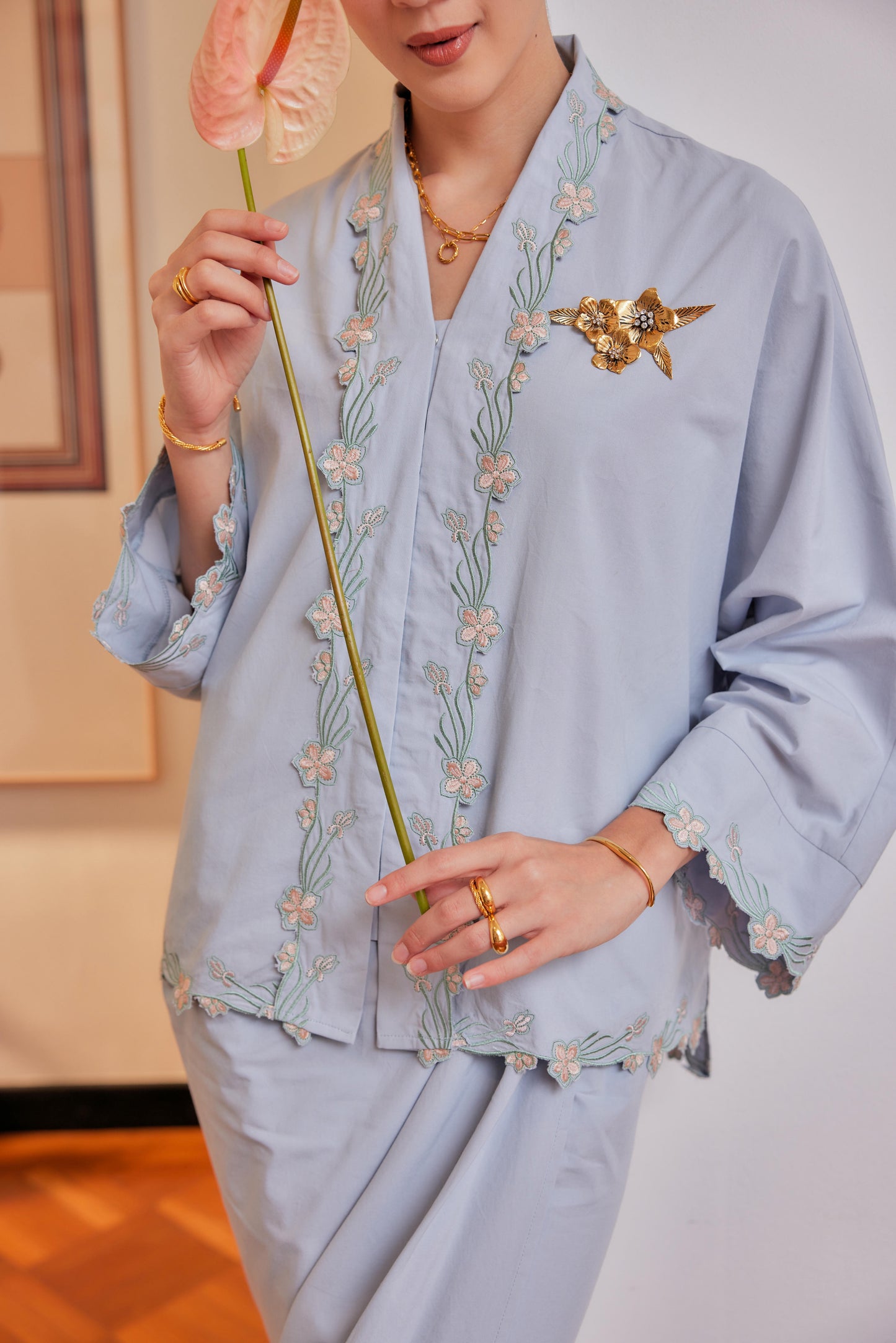 Awan Biru - Indah Melur Sulam Kebaya Cotton Set