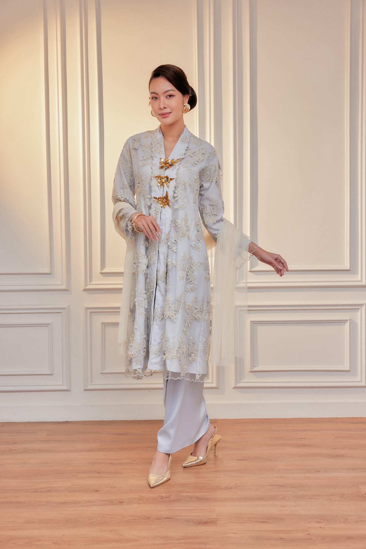 Silver Grey - Bidasari Kebaya Lace Set with Selendang (Full Lining)