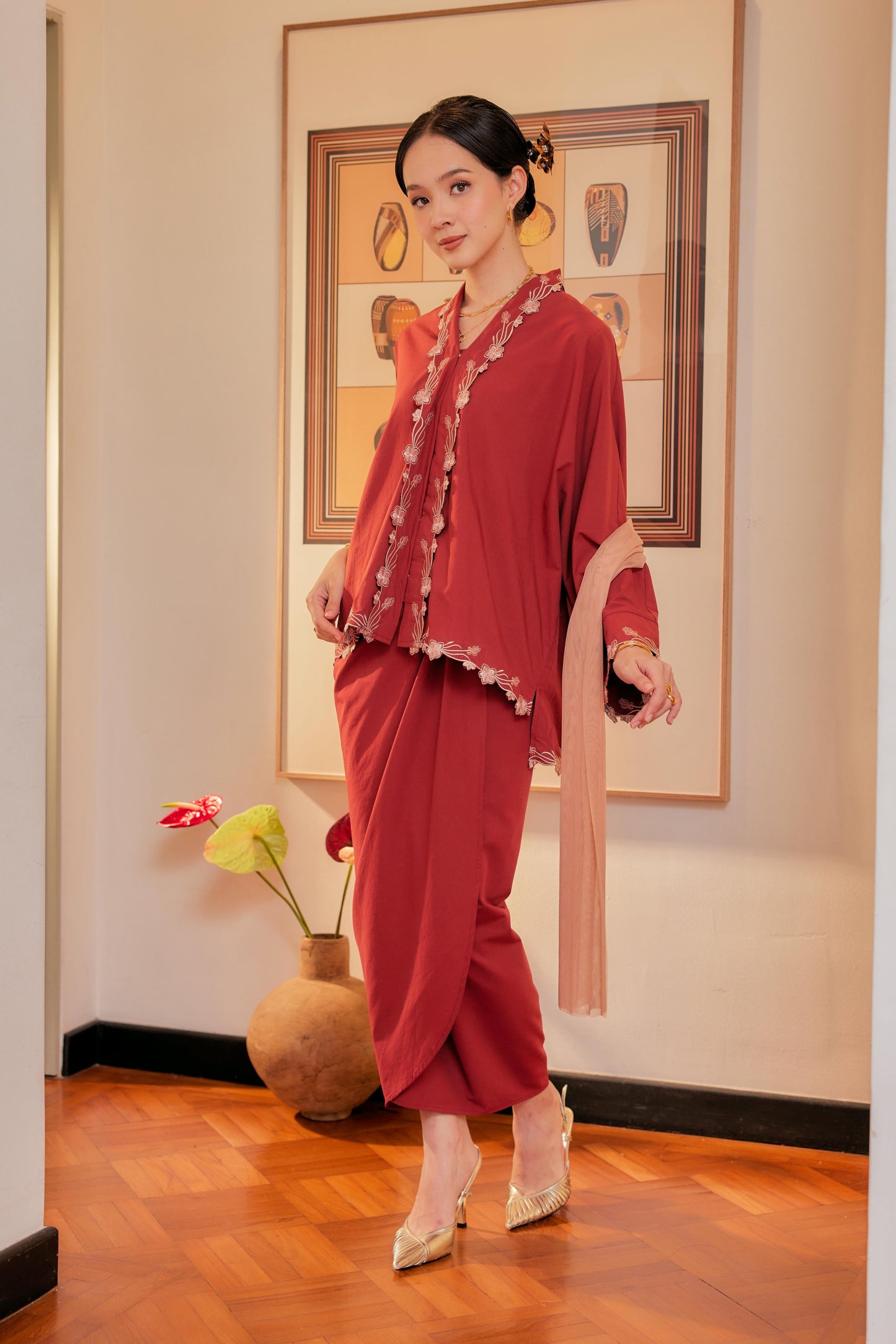 Merah Bata - Indah Melur Sulam Kebaya Cotton Set