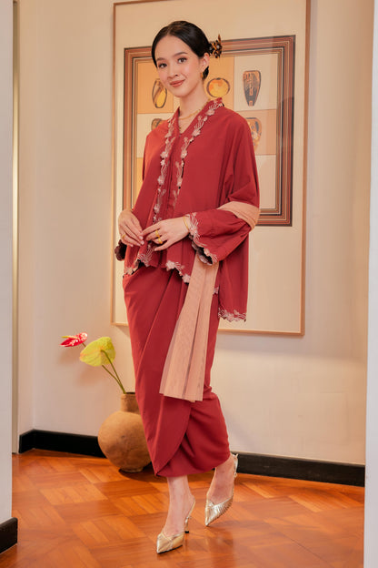 Merah Bata - Indah Melur Sulam Kebaya Cotton Set