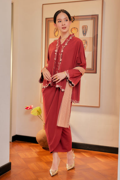 Merah Bata - Indah Melur Sulam Kebaya Cotton Set