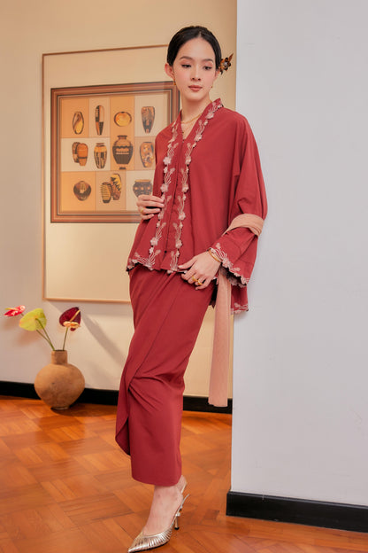 Merah Bata - Indah Melur Sulam Kebaya Cotton Set