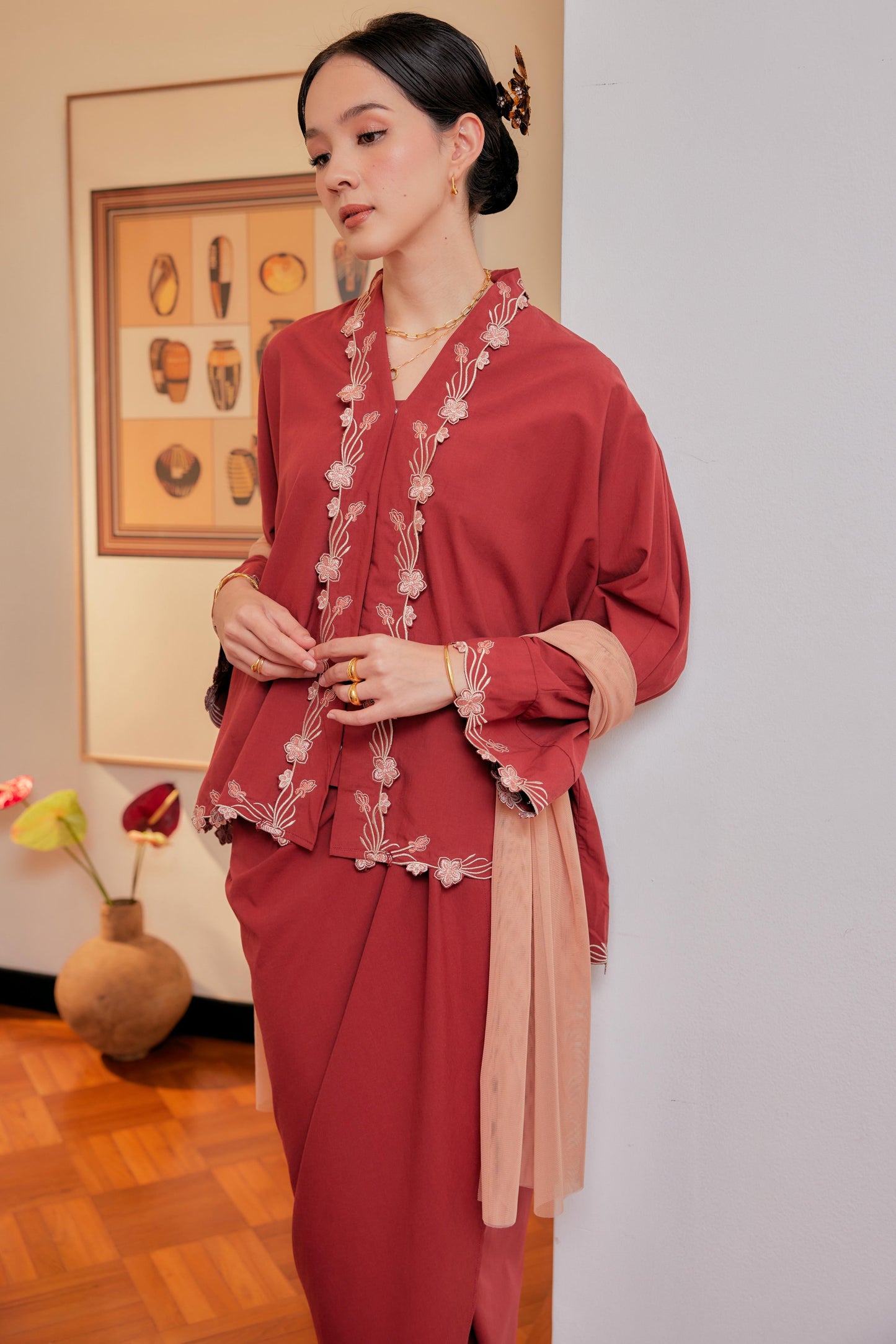 Merah Bata - Indah Melur Sulam Kebaya Cotton Set