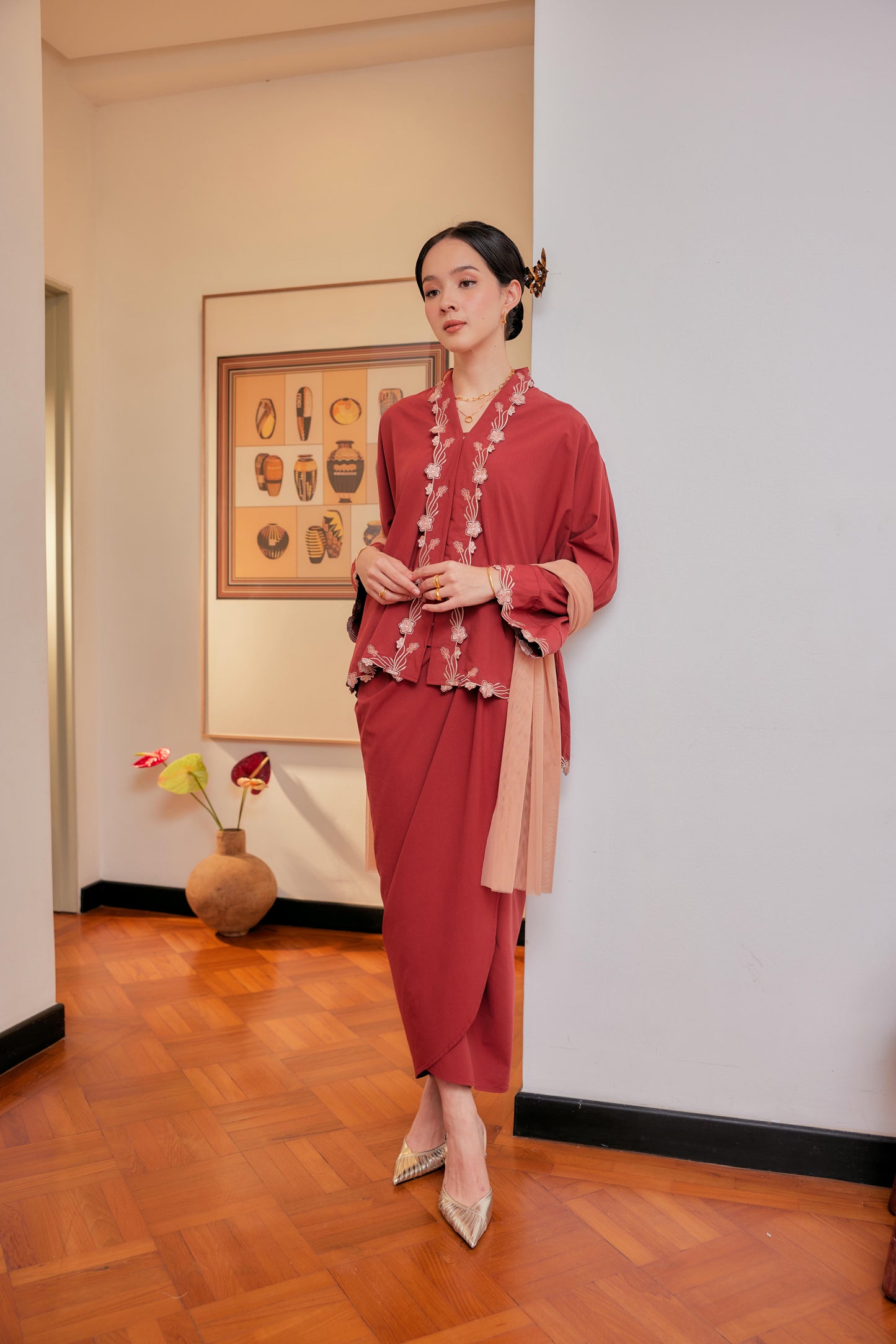 Merah Bata - Indah Melur Sulam Kebaya Cotton Set