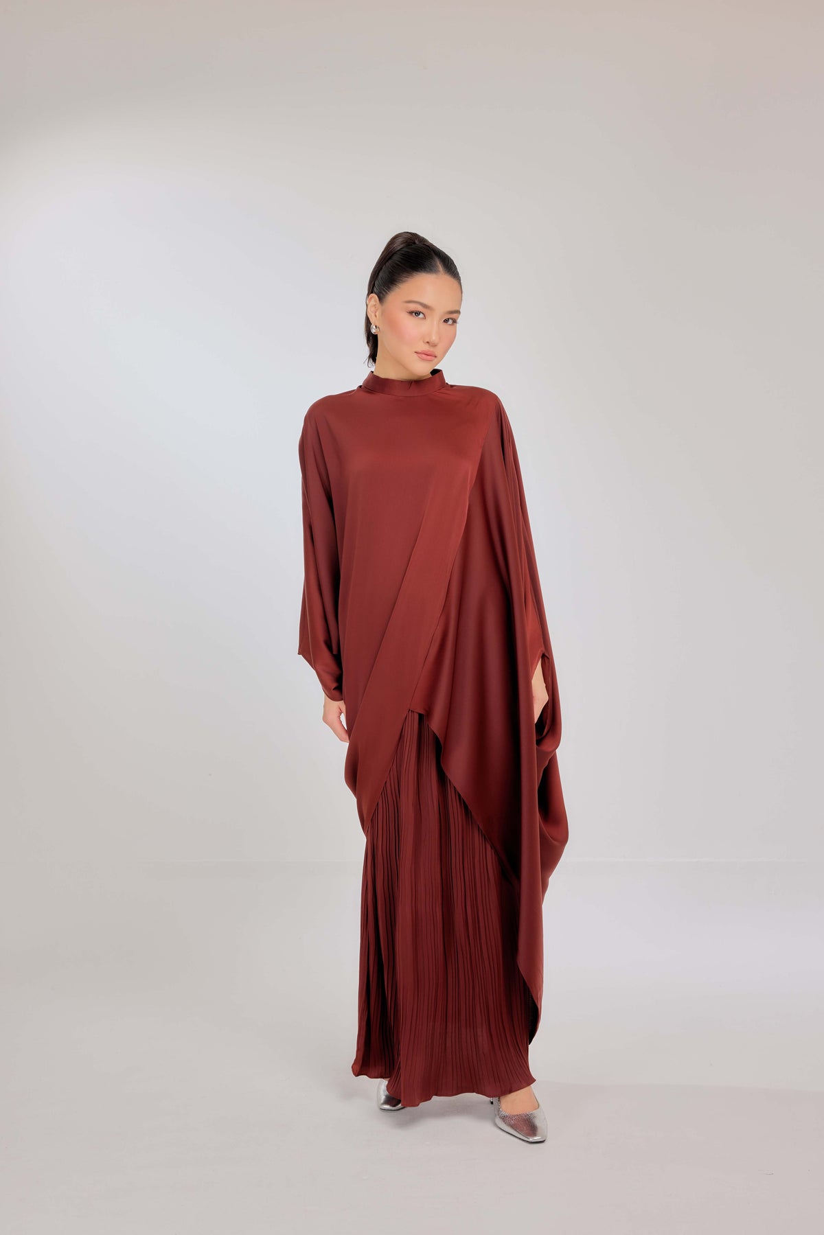 15 - Burnt Sienna - Chanela Full Sleeve Kurung with Pleated Skirt Set