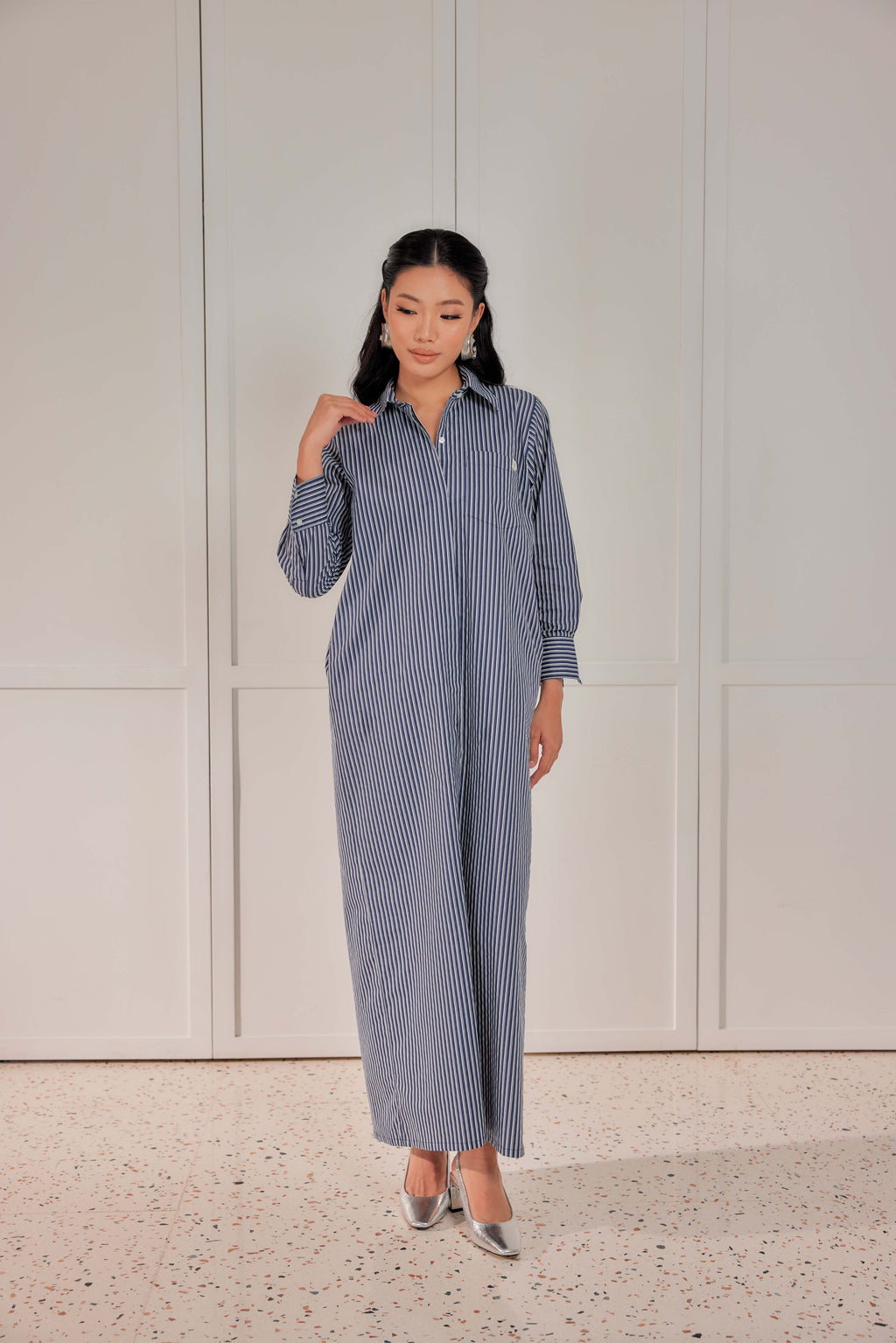 100% Cotton Striped Shirt Dress - Blue Pea