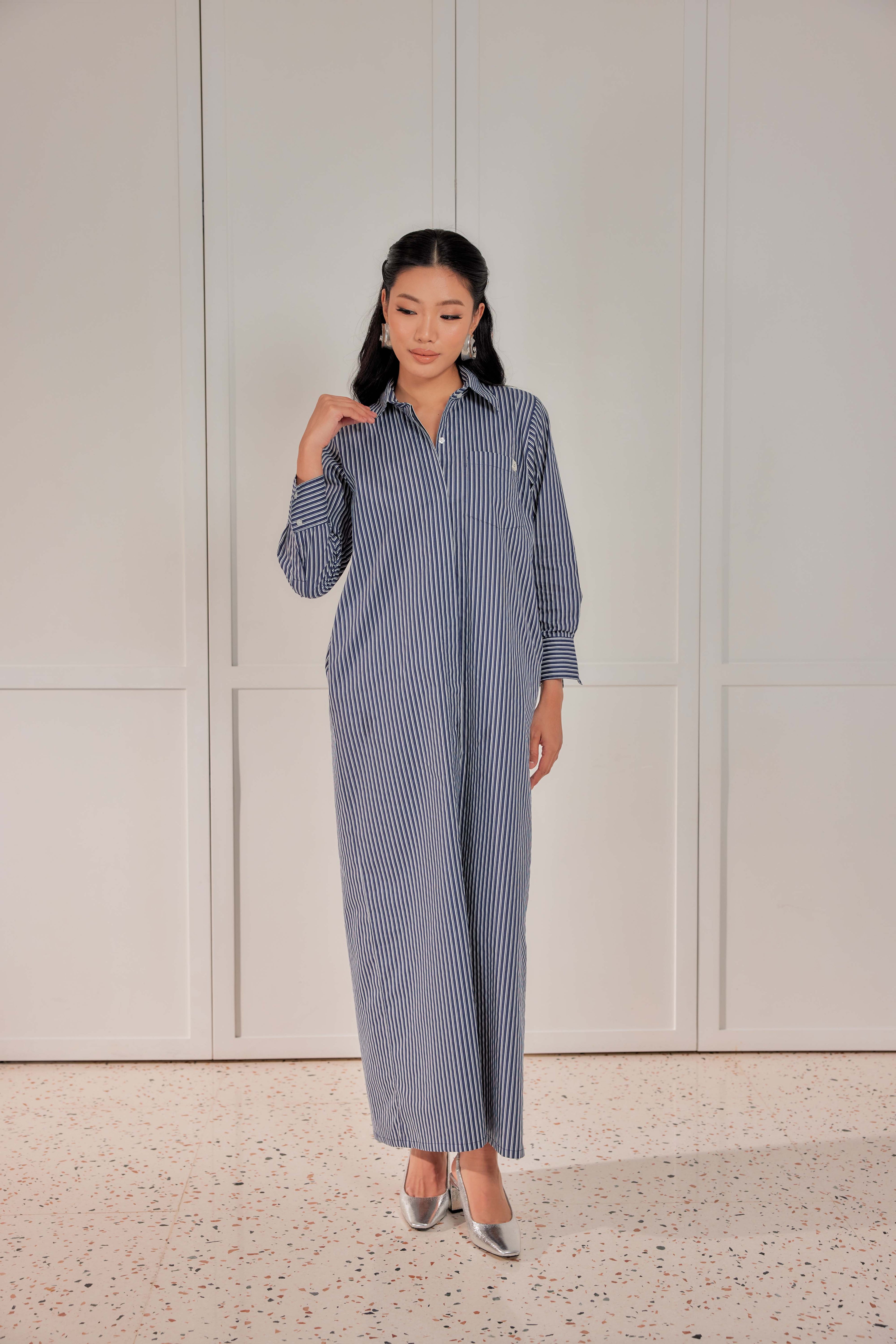 100% Cotton Striped Shirt Dress - Blue Pea