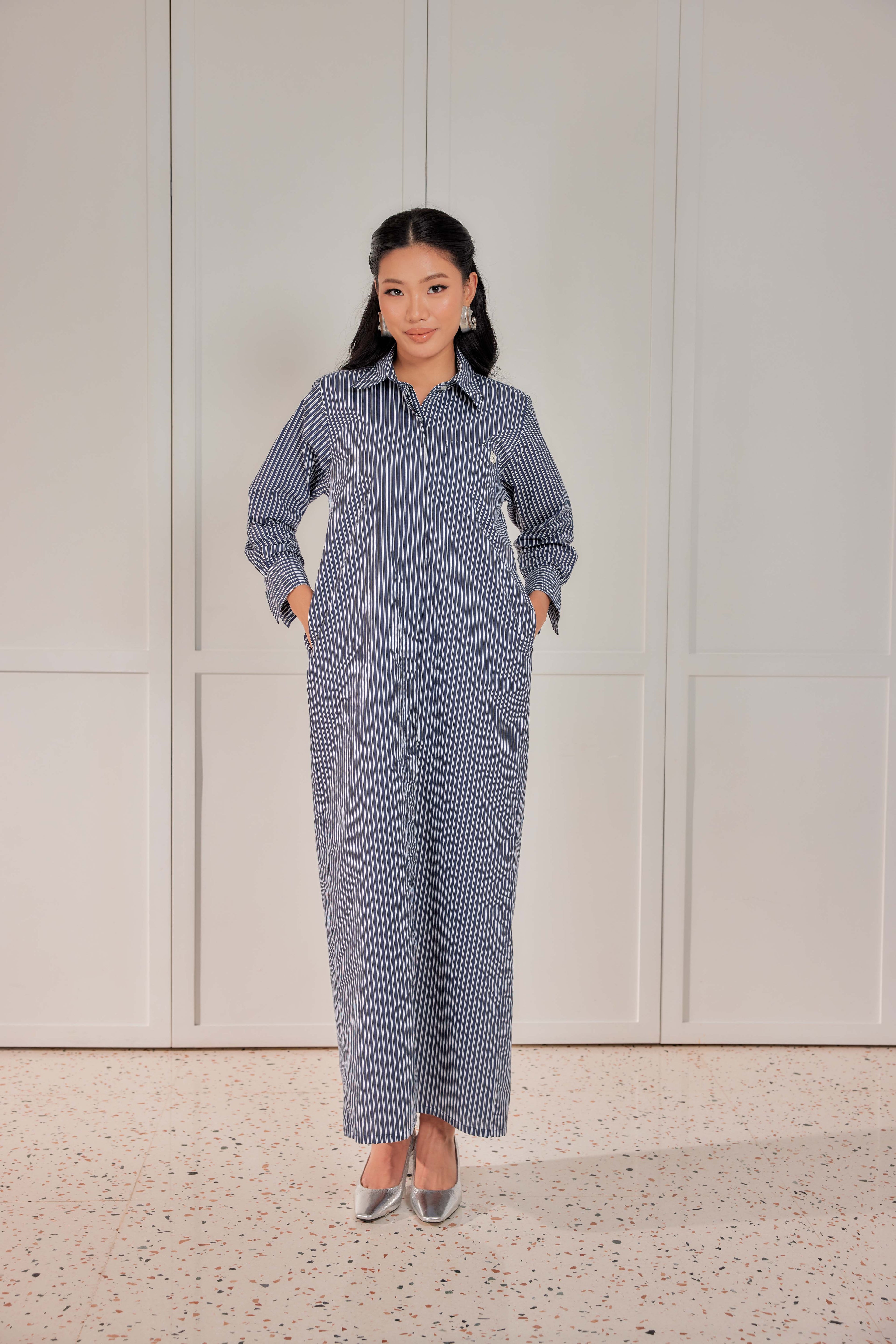 100% Cotton Striped Shirt Dress - Blue Pea