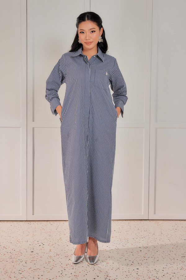 100% Cotton Striped Shirt Dress - Blue Pea