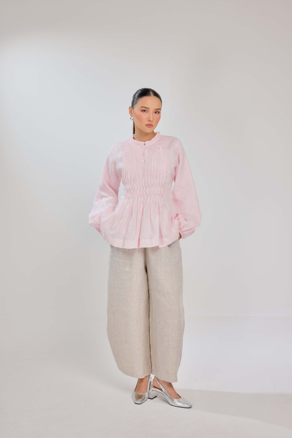 26 - Memento Pleated Lace-Up Micro-Check Pure Linen Top in Penelope Pink