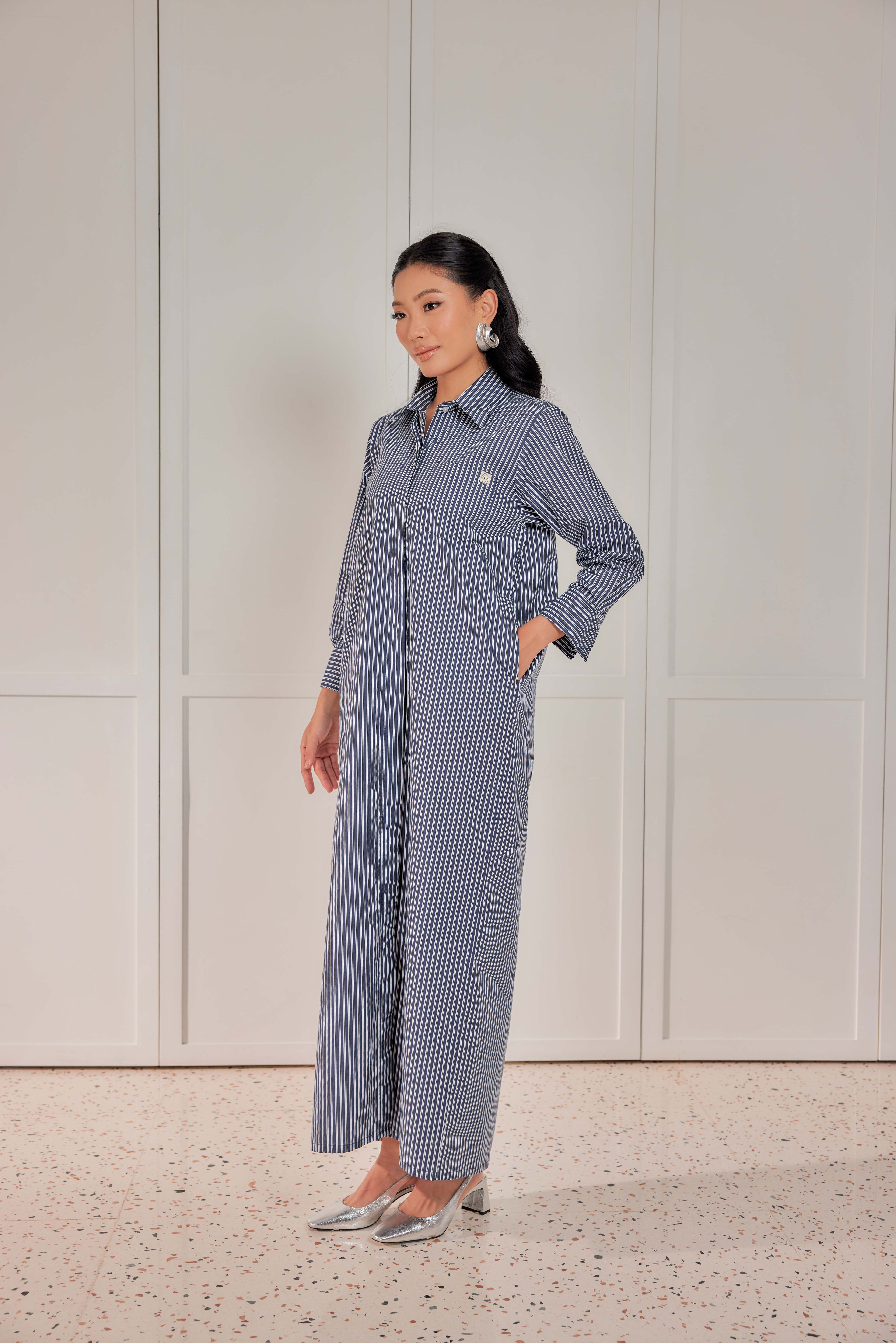 100% Cotton Striped Shirt Dress - Blue Pea