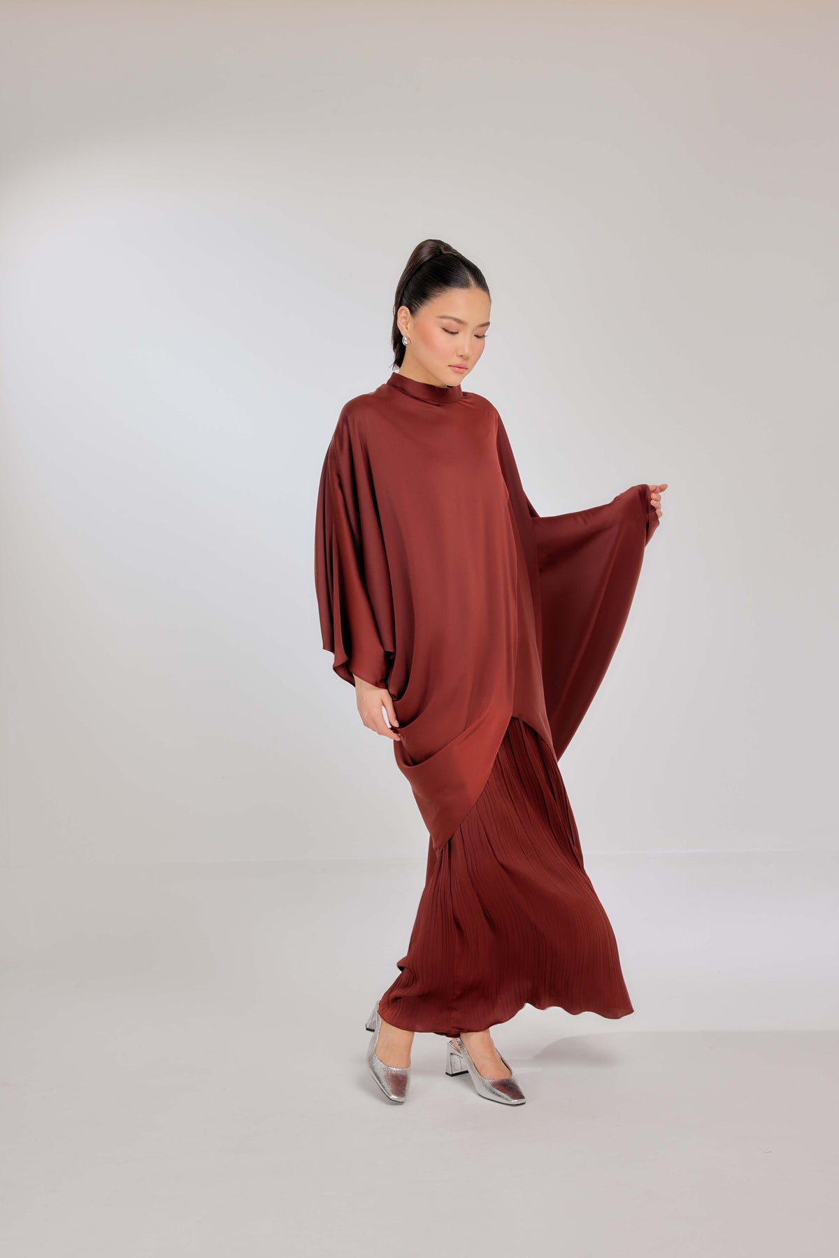 15 - Burnt Sienna - Chanela Full Sleeve Kurung with Pleated Skirt Set