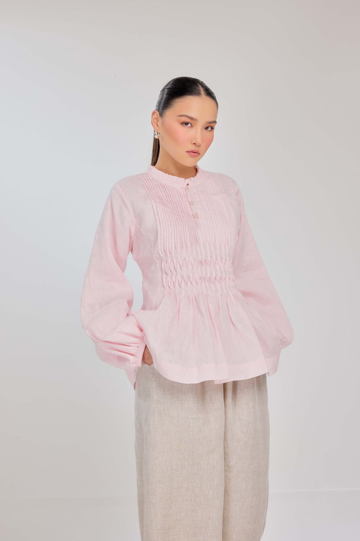 26 - Memento Pleated Lace-Up Micro-Check Pure Linen Top in Penelope Pink
