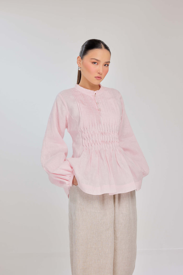 26 - Memento Pleated Lace-Up Micro-Check Pure Linen Top in Penelope Pink