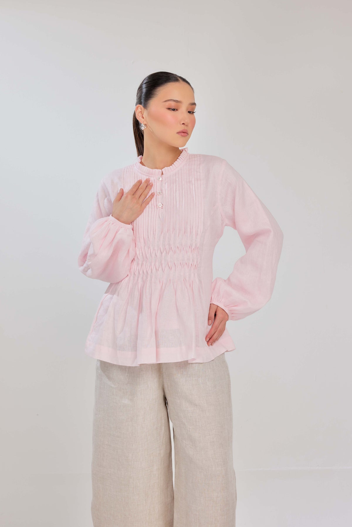 26 - Memento Pleated Lace-Up Micro-Check Pure Linen Top in Penelope Pink