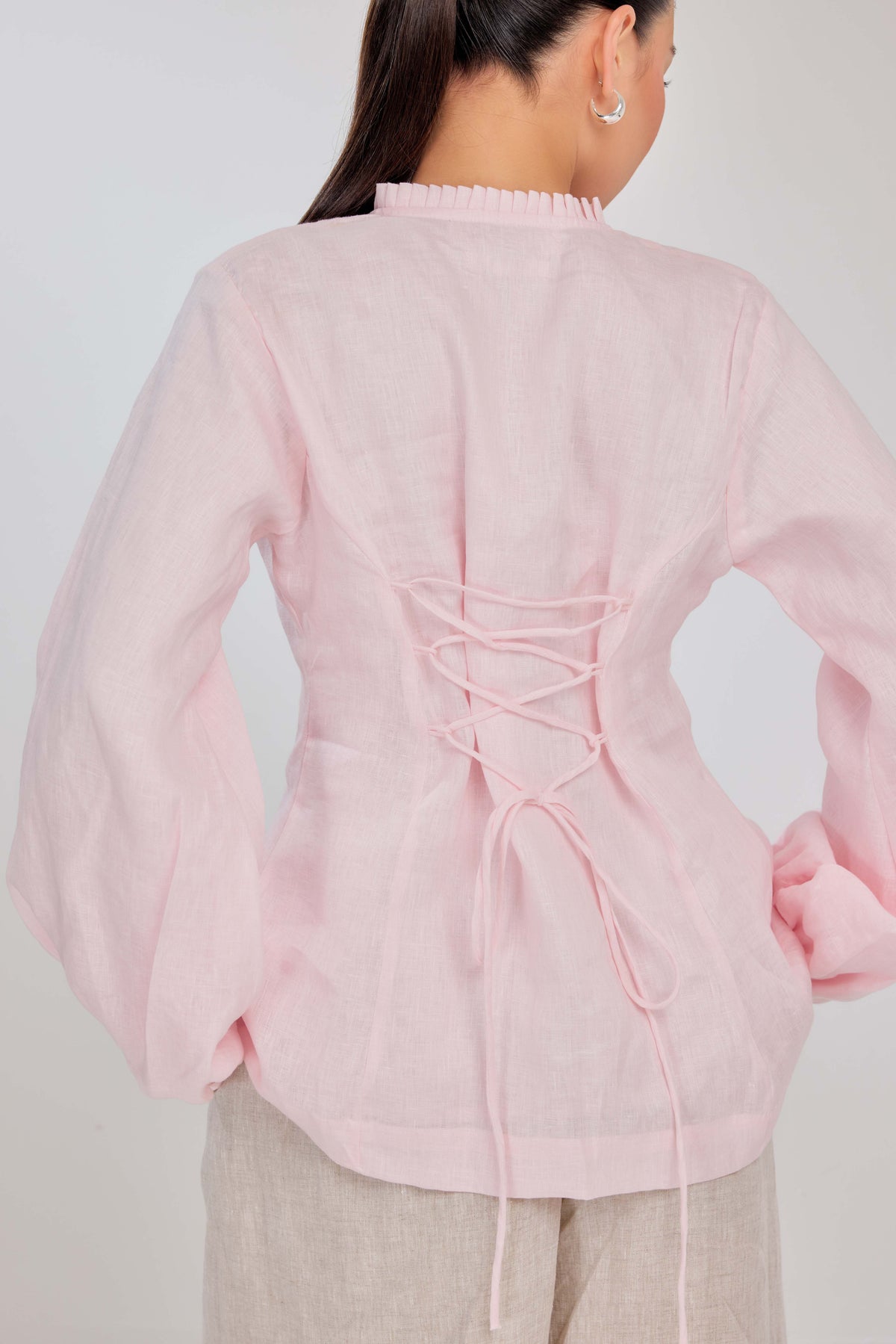 26 - Memento Pleated Lace-Up Micro-Check Pure Linen Top in Penelope Pink