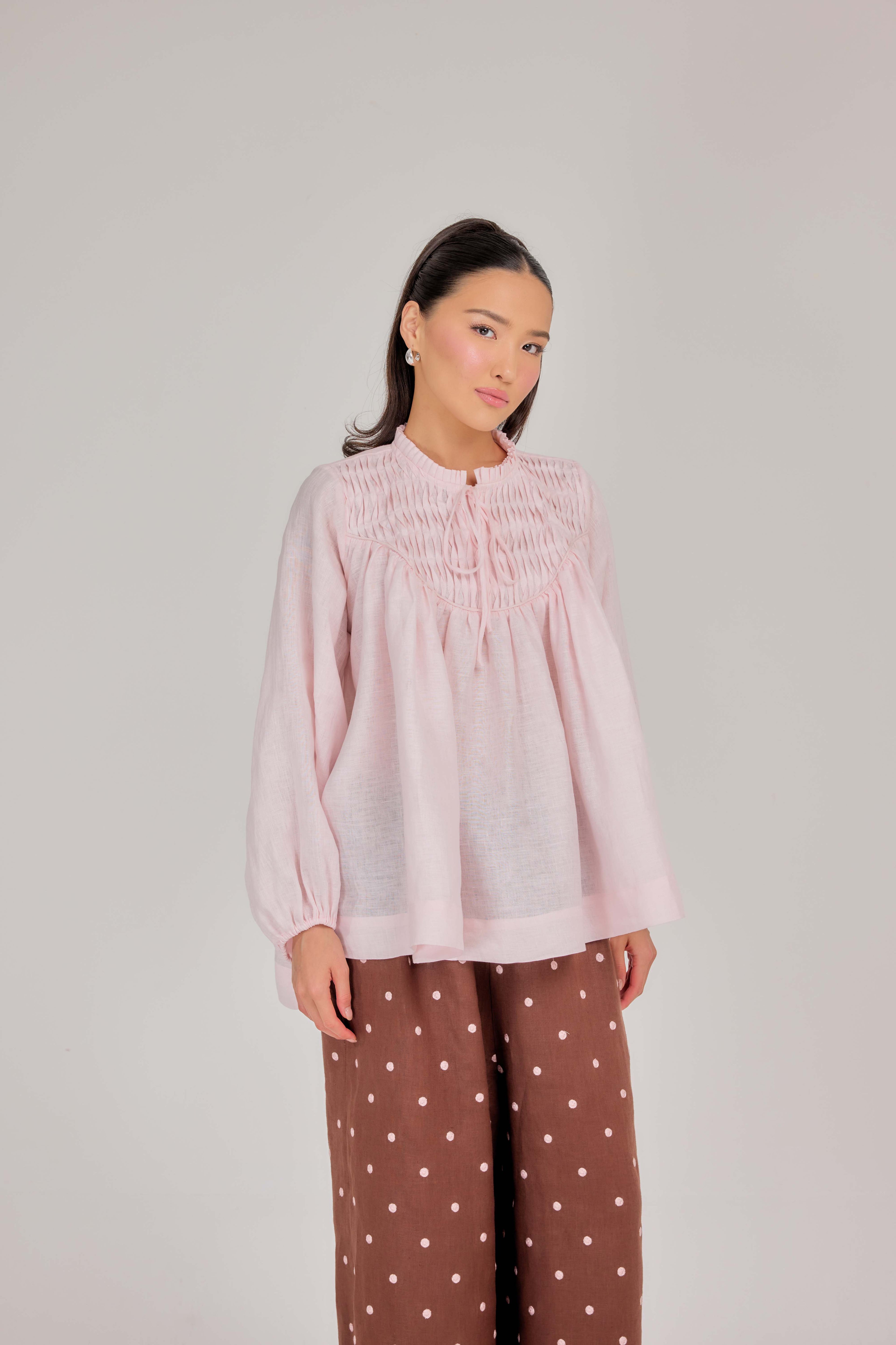 14 - The Heirloom Wave-Pleated Pure Linen Blouse in Penelope Pink