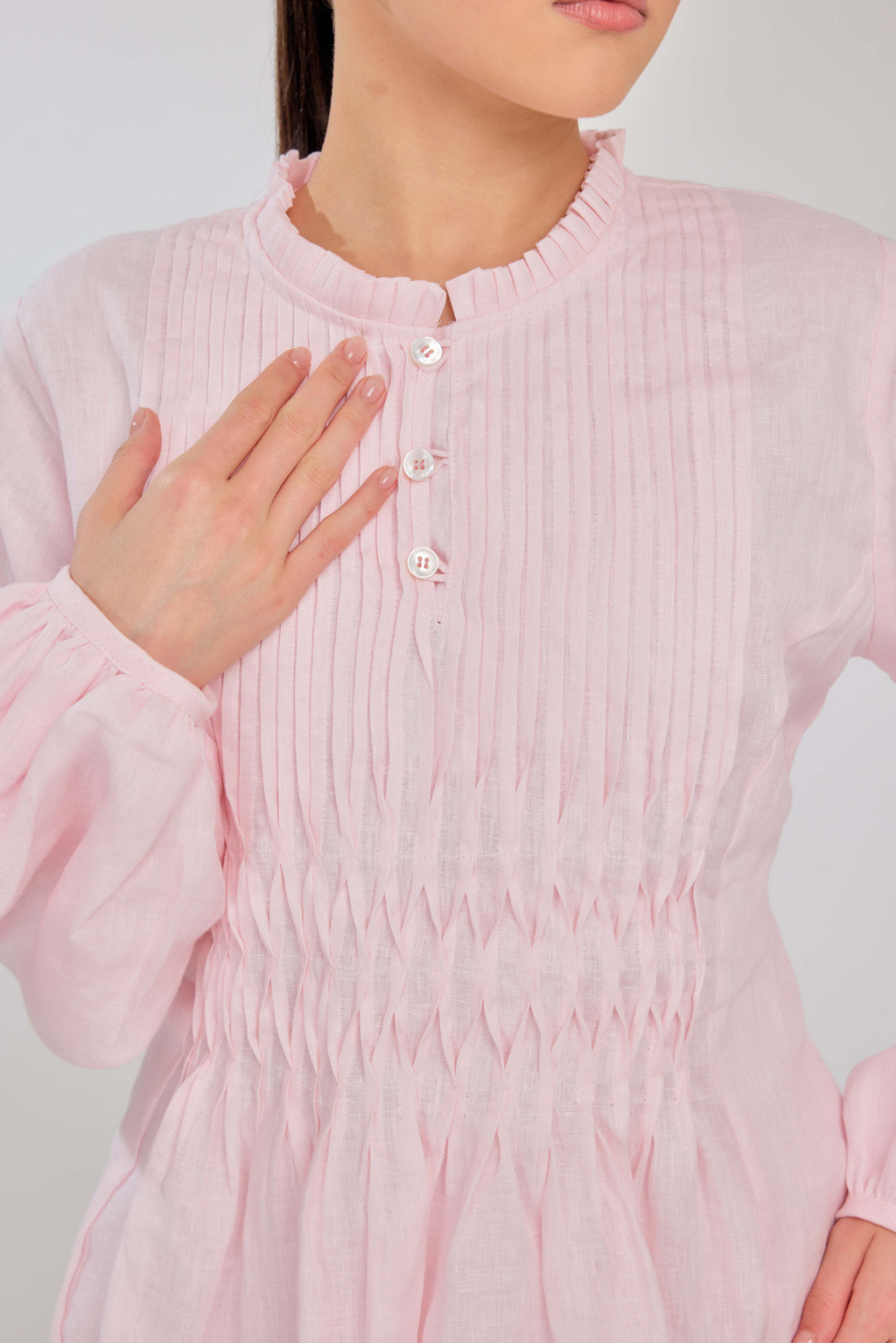 26 - Memento Pleated Lace-Up Micro-Check Pure Linen Top in Penelope Pink
