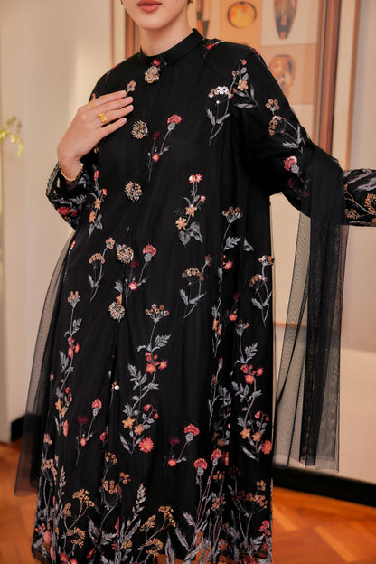 Dian Embellished Kebarung with Embroidery Lace Trim (Full Lining) Set in Black