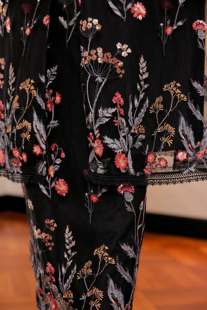 Dian Embellished Kebarung with Embroidery Lace Trim (Full Lining) Set in Black