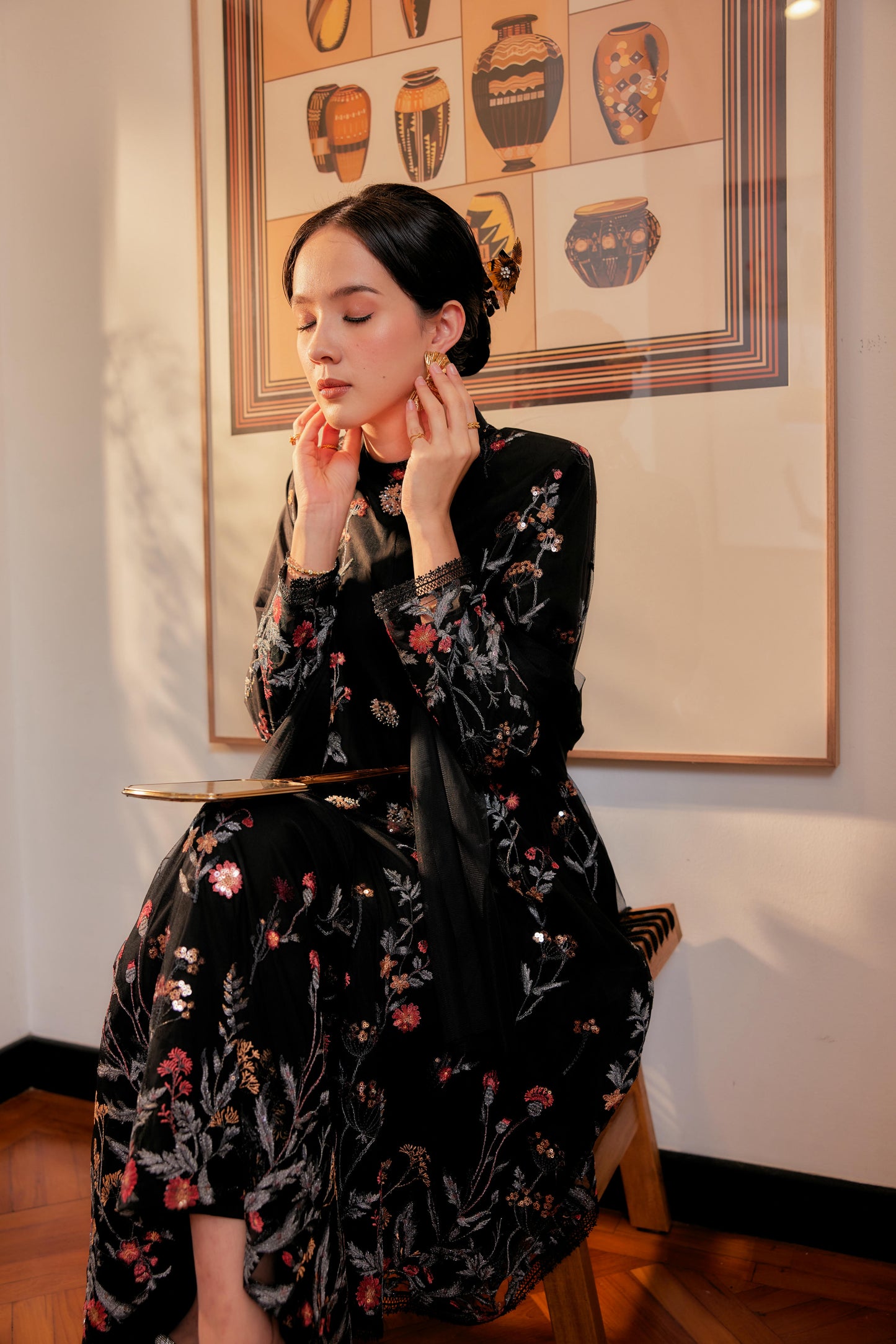 Dian Embellished Kebarung with Embroidery Lace Trim (Full Lining) Set in Black