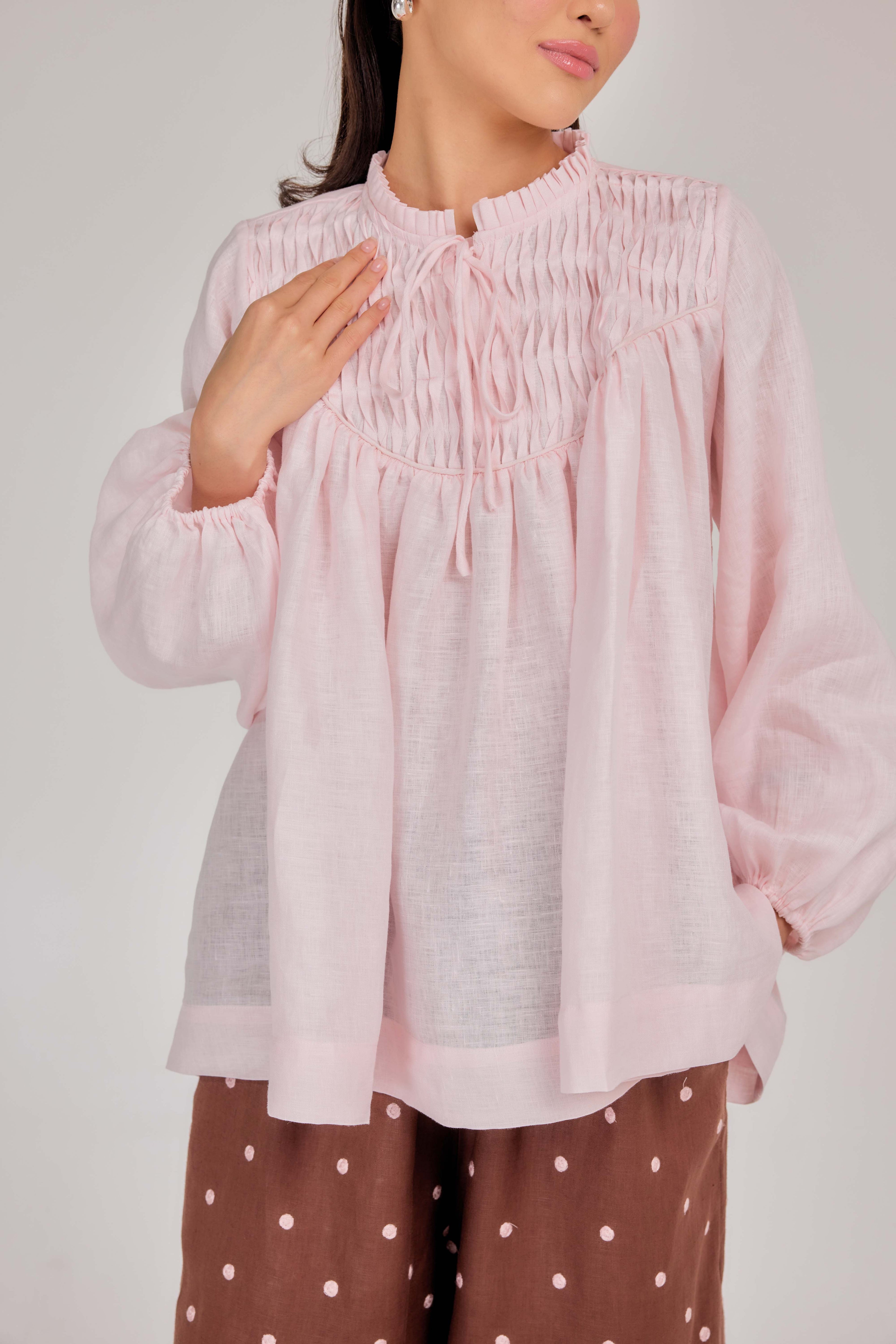 14 - The Heirloom Wave-Pleated Pure Linen Blouse in Penelope Pink