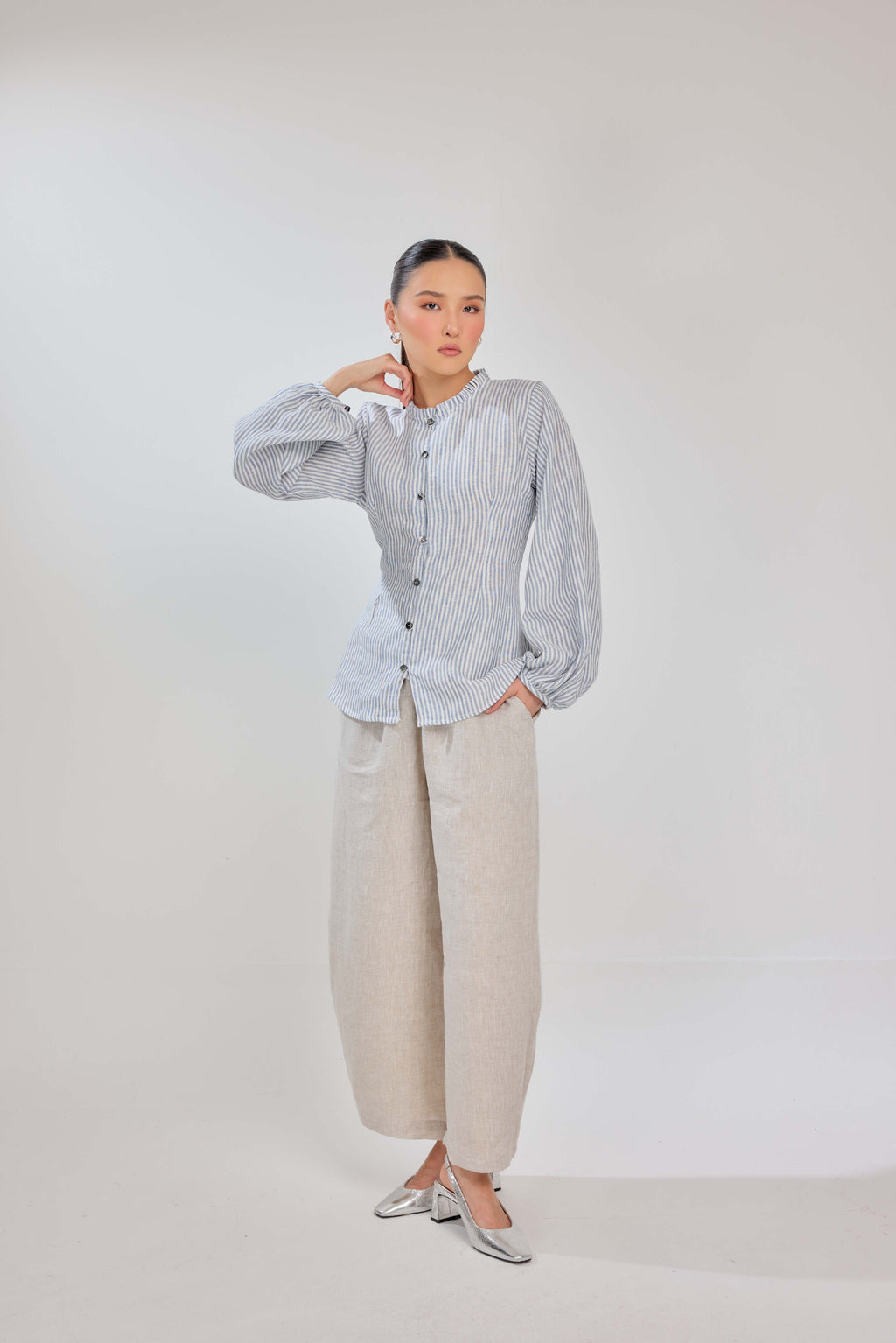 07 - Blueberry Yoghurt Stripes - Grand Tralala Pure Linen Shirt With Mother Of Pearl Buttons