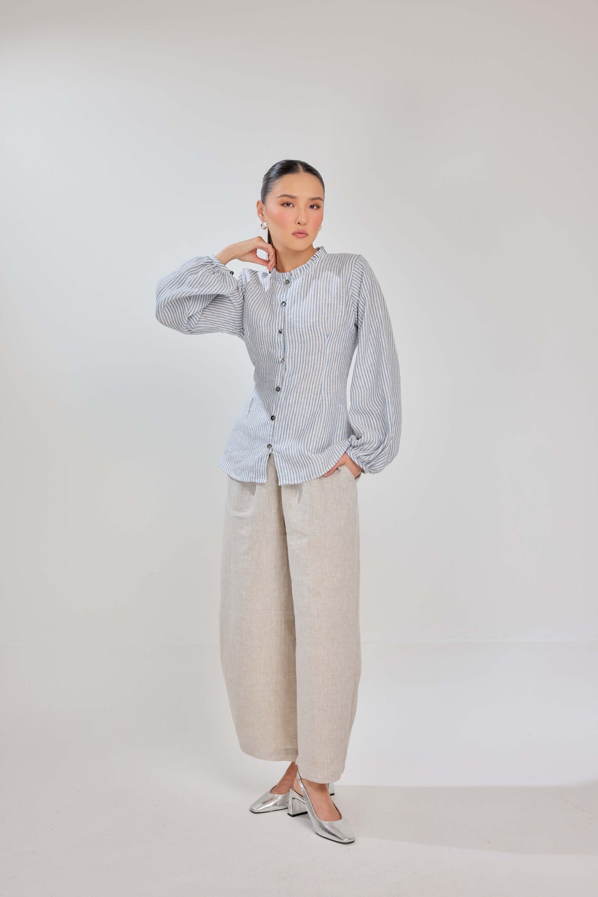 07 - Blueberry Yoghurt Stripes - Grand Tralala Pure Linen Shirt With Mother Of Pearl Buttons
