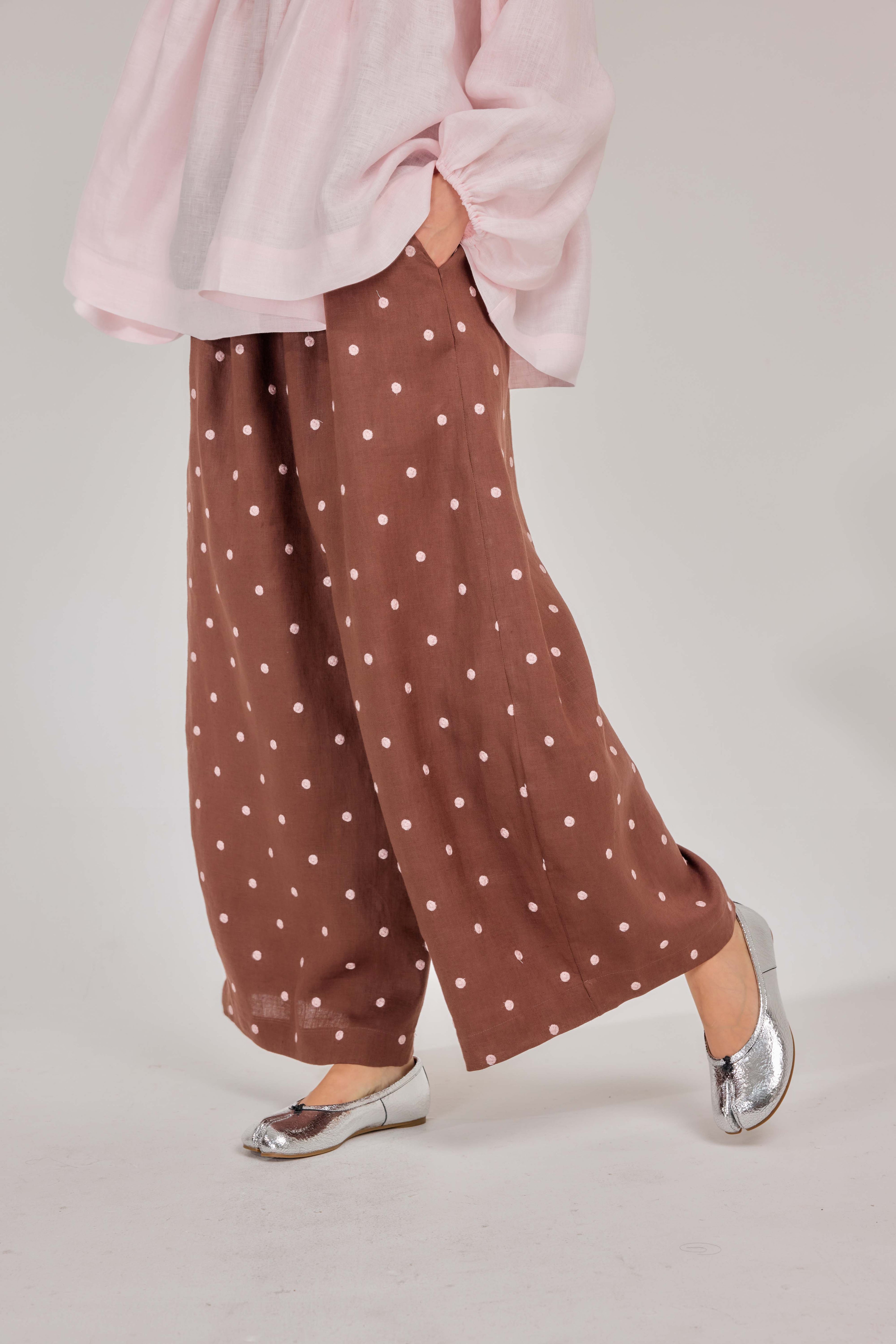 The Embroidered Polka Dot Pure Linen Relaxed Barrel Pants in Chocolate Truffle &  Blush
