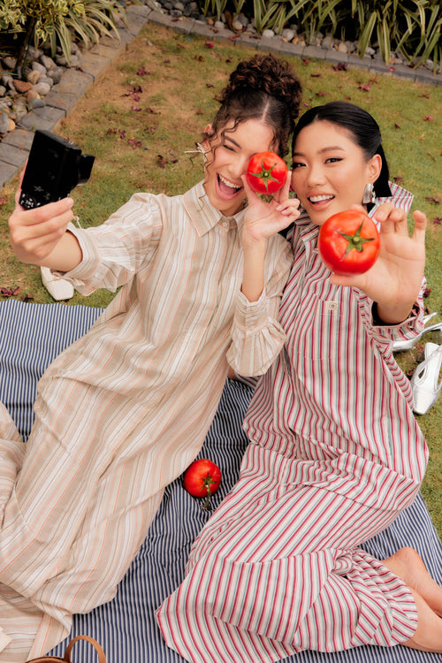100% Cotton Striped Shirt Dress - Cherry Tomato