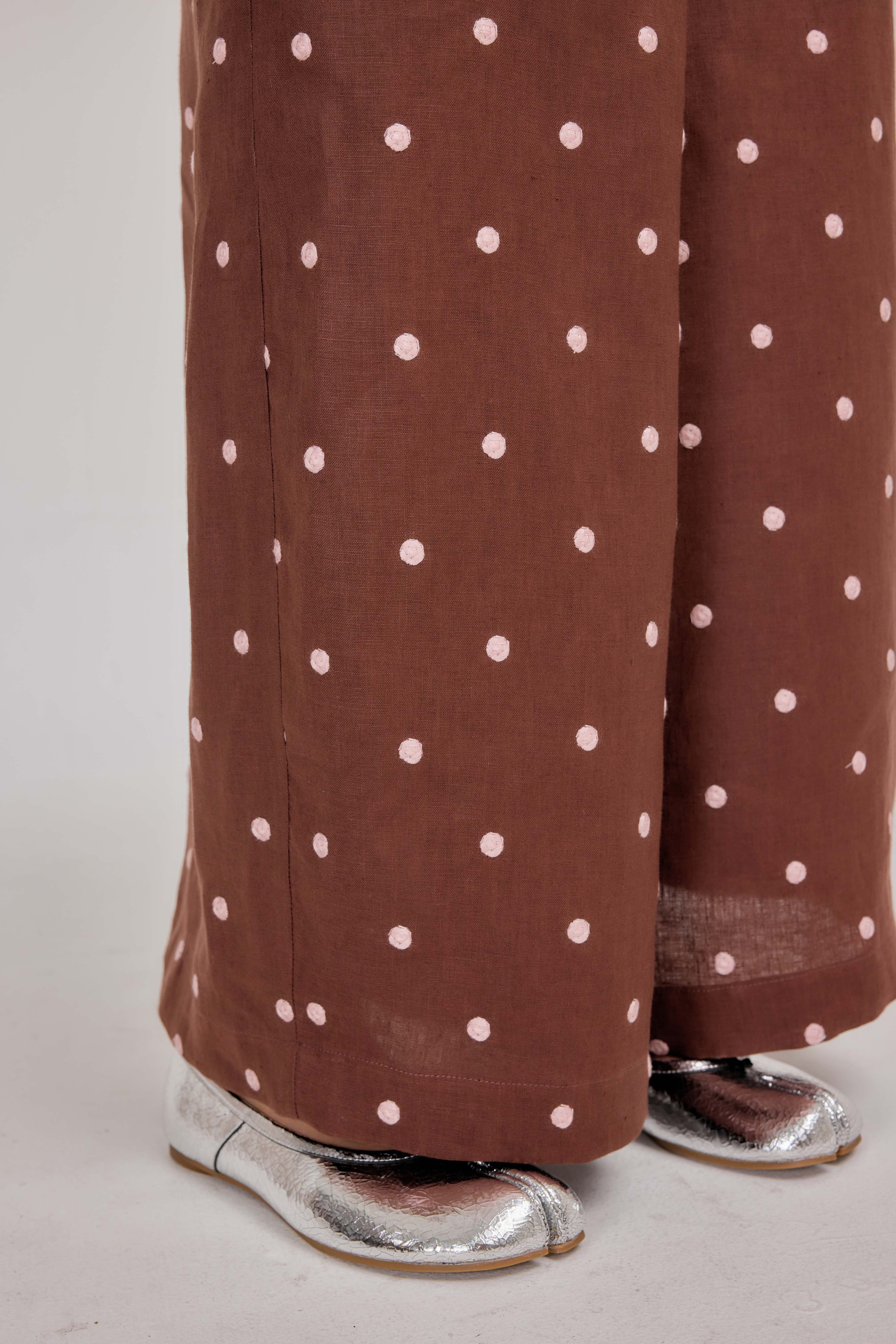 The Embroidered Polka Dot Pure Linen Relaxed Barrel Pants in Chocolate Truffle &  Blush