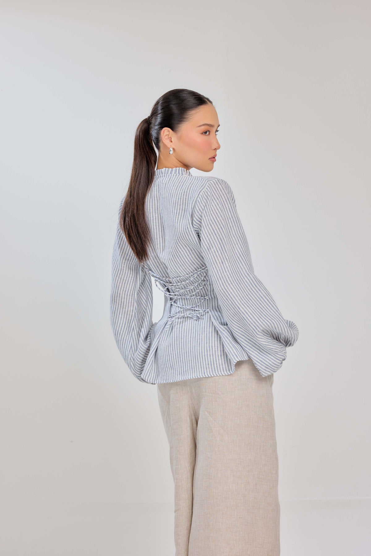07 - Blueberry Yoghurt Stripes - Grand Tralala Pure Linen Shirt With Mother Of Pearl Buttons