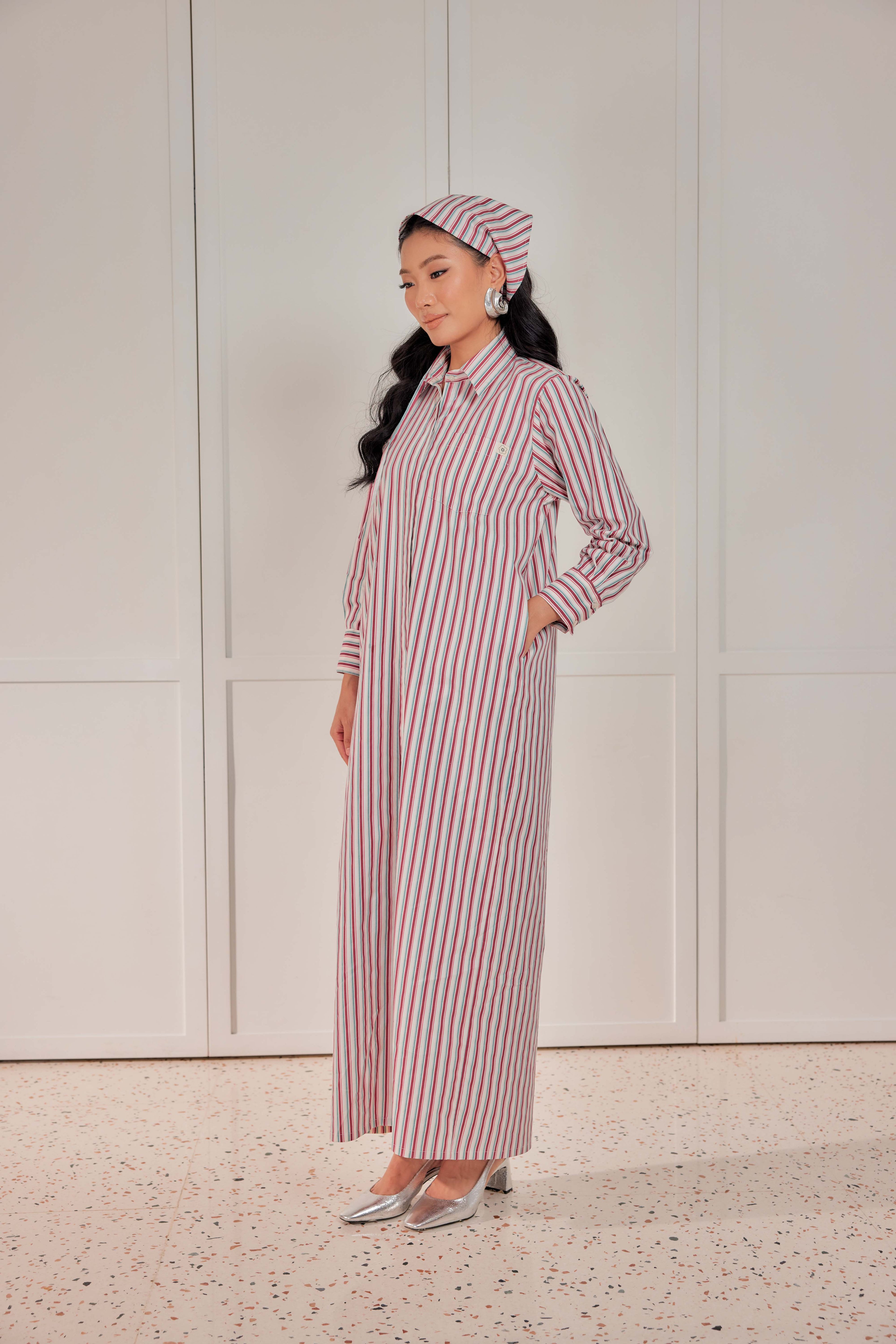 100% Cotton Striped Shirt Dress - Cherry Tomato