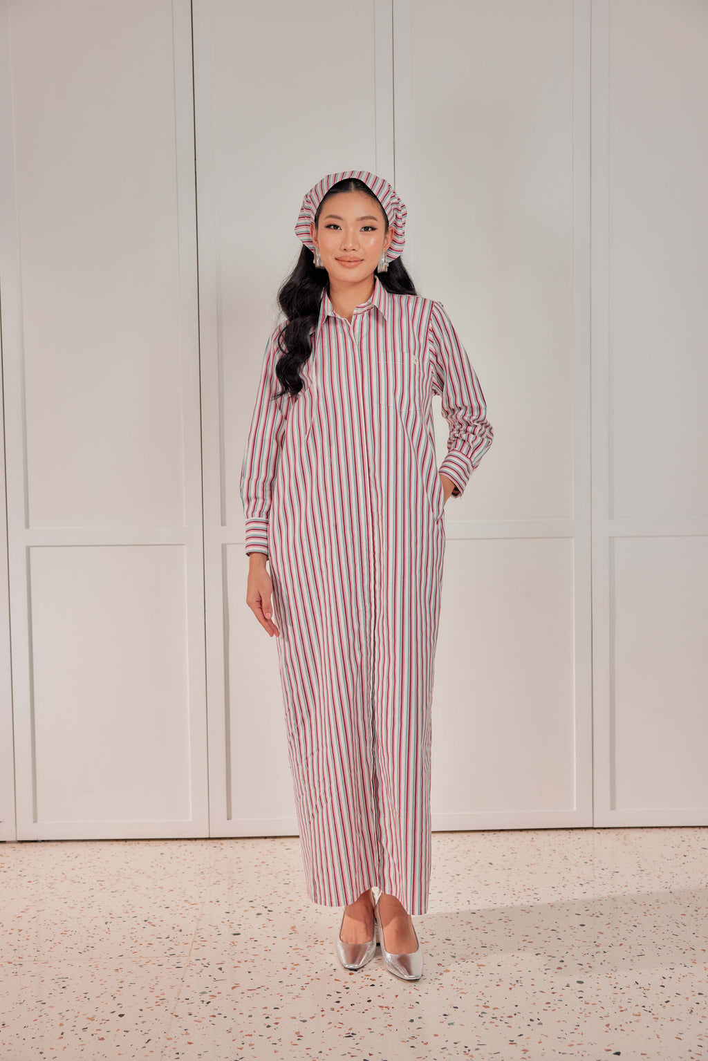 100% Cotton Striped Shirt Dress - Cherry Tomato