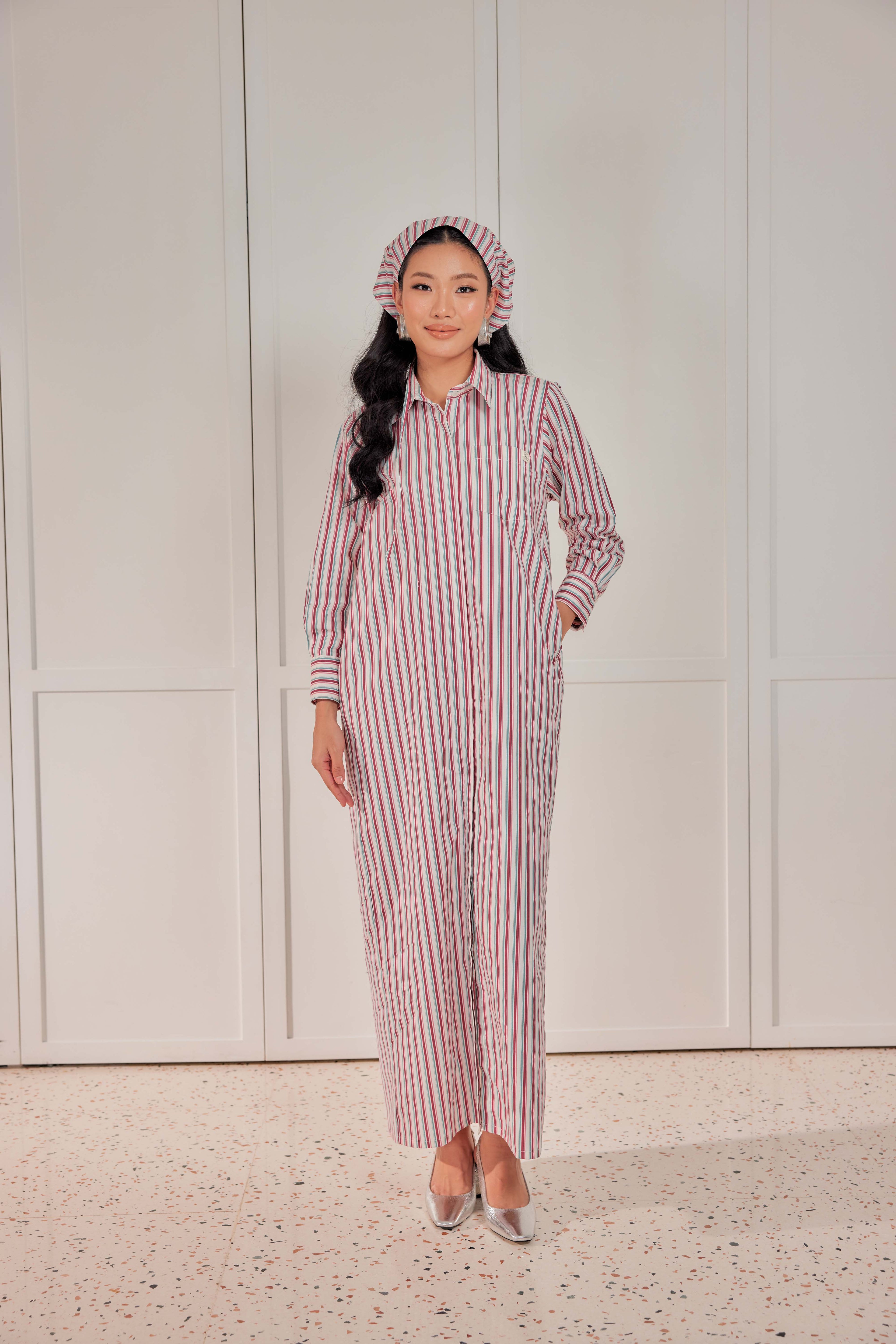 100% Cotton Striped Shirt Dress - Cherry Tomato