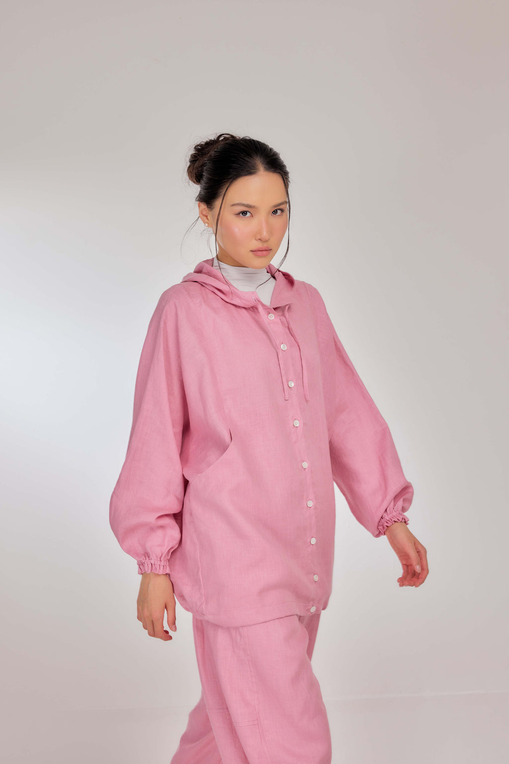 06 - Bubblegum - Pure Hemp Linen Button-Up Hooded Jacket