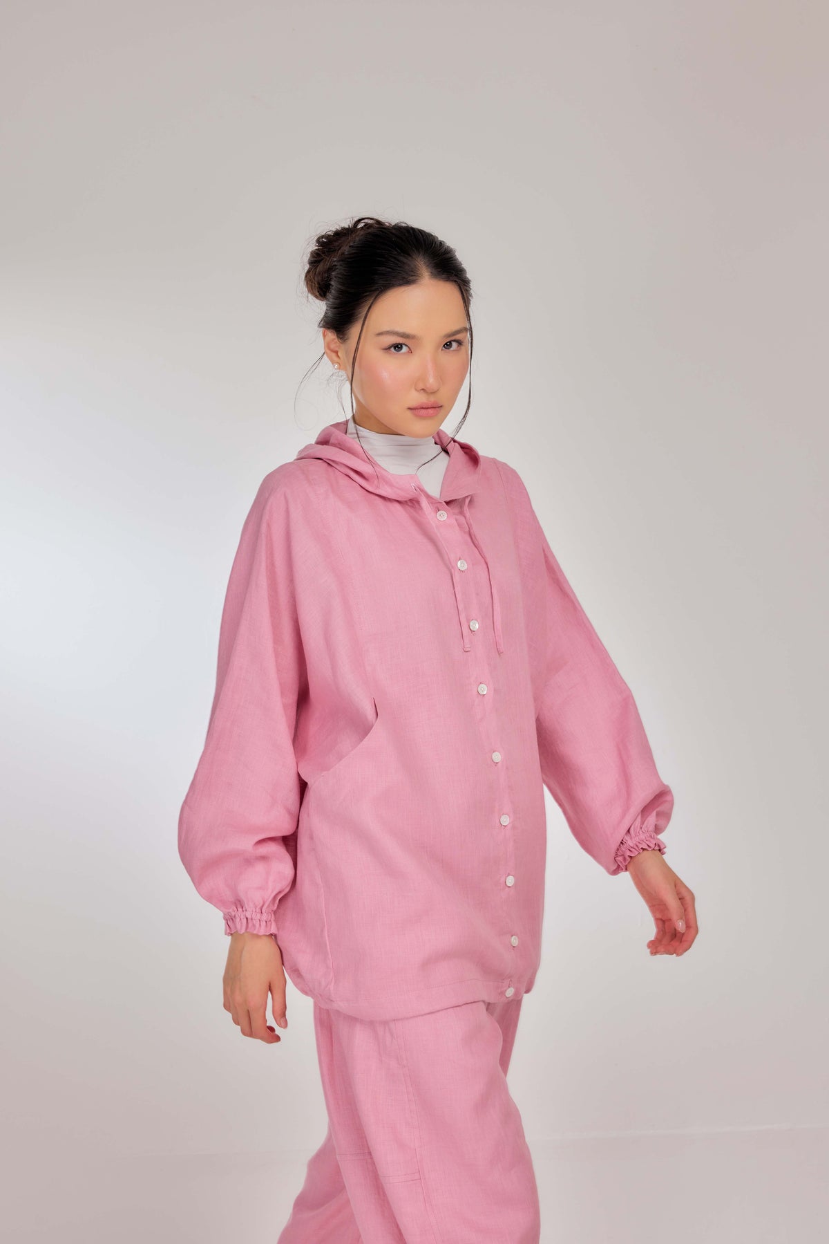 06 - Bubblegum - Pure Hemp Linen Button-Up Hooded Jacket