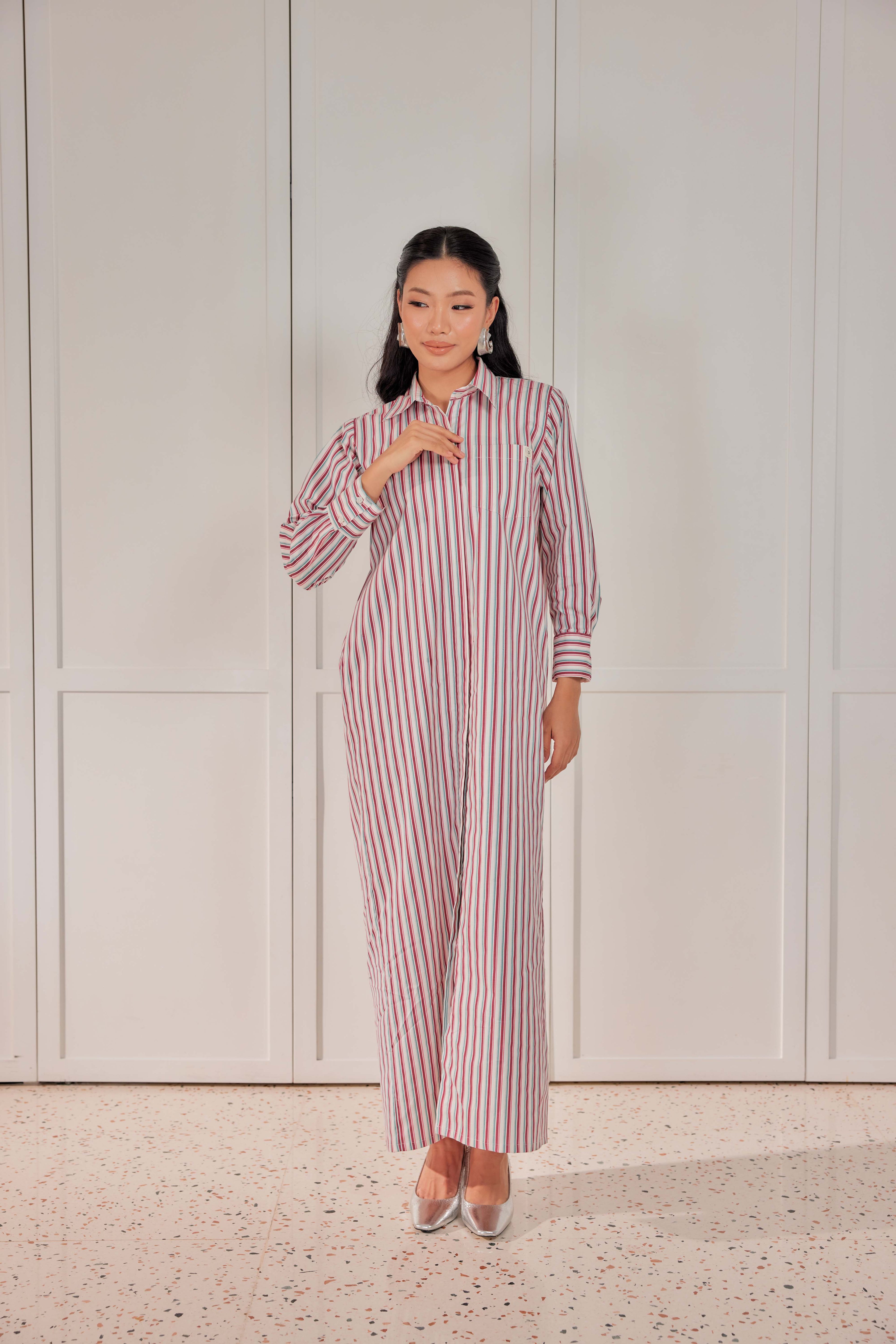 100% Cotton Striped Shirt Dress - Cherry Tomato