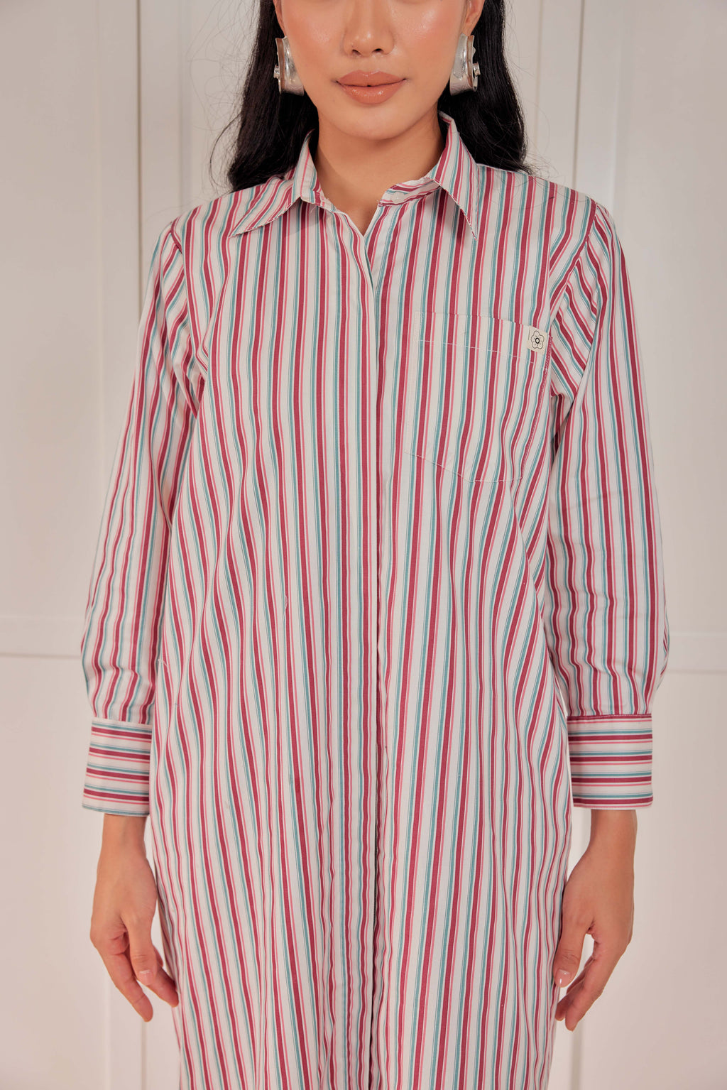 100% Cotton Striped Shirt Dress - Cherry Tomato