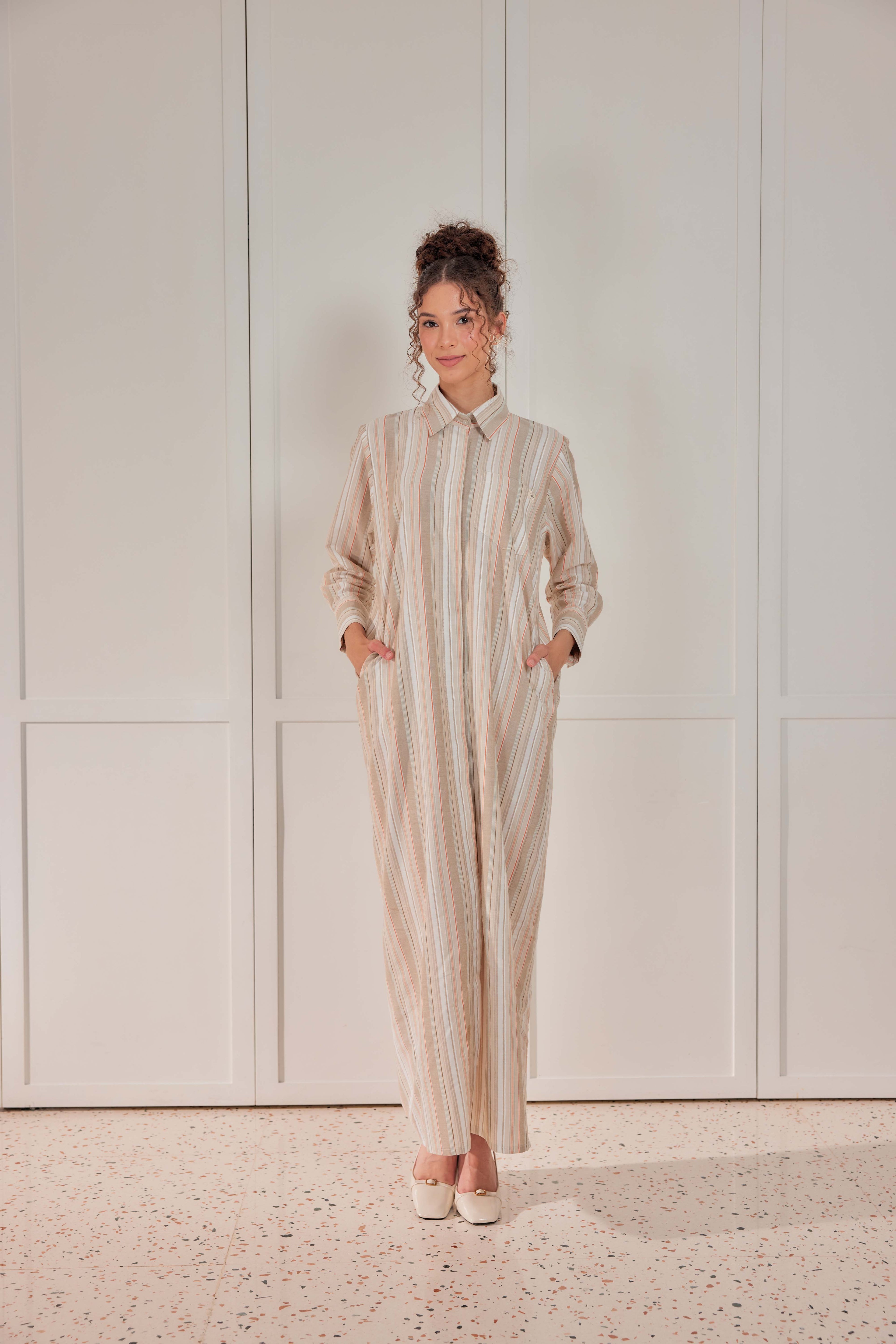 100% Cotton Striped Shirt Dress - Buttercream